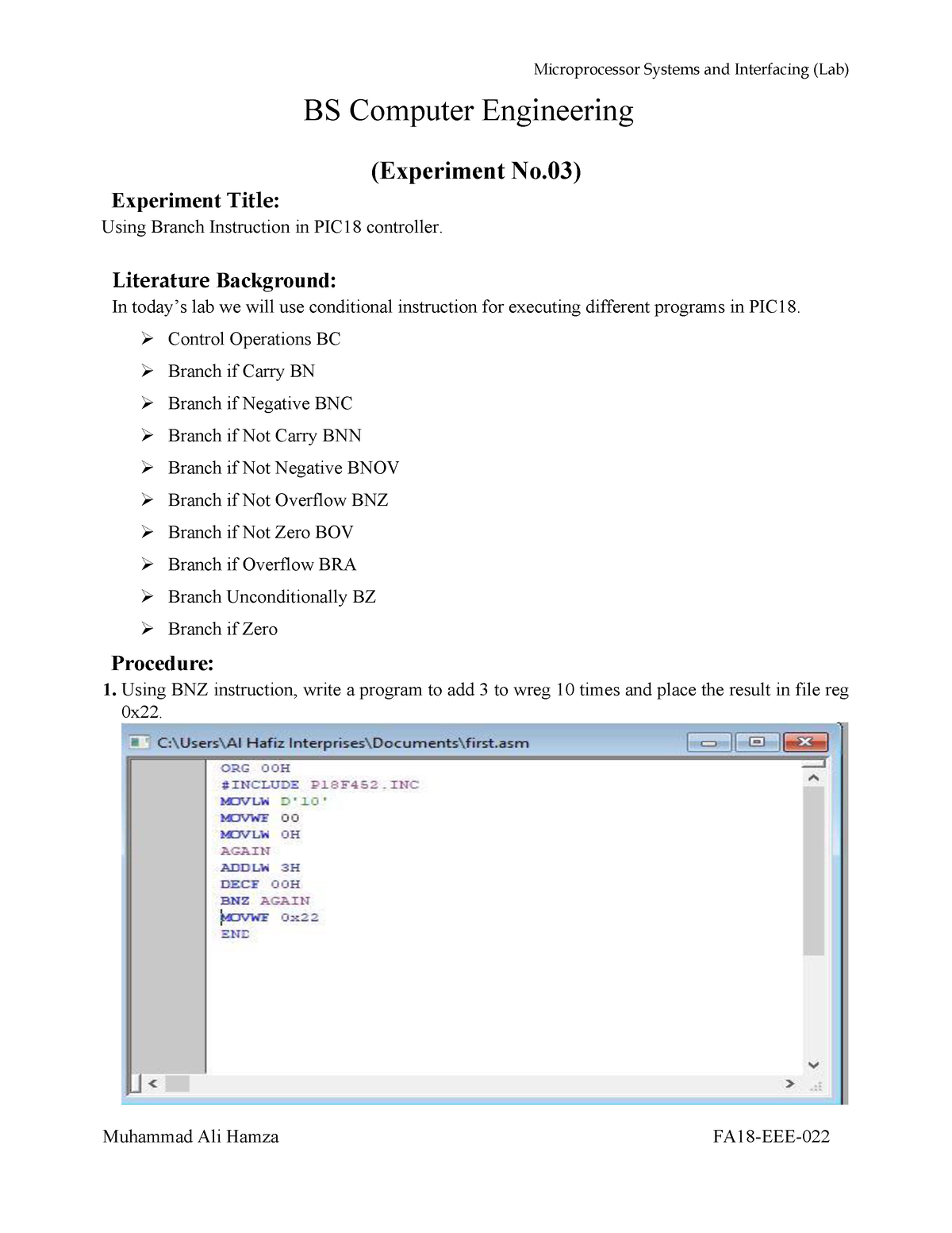 Microprocessor Systems And Interfacing Lab 3 - BS Computer Engineering ...