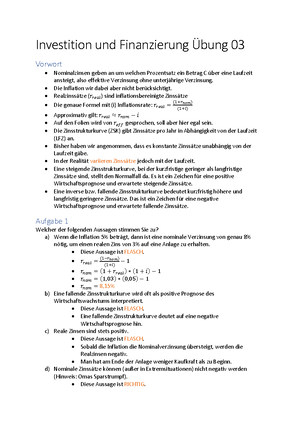 Investition & Finanzierung Übung 3 - Übung 3, Aufgabe 1 Allgemein ...