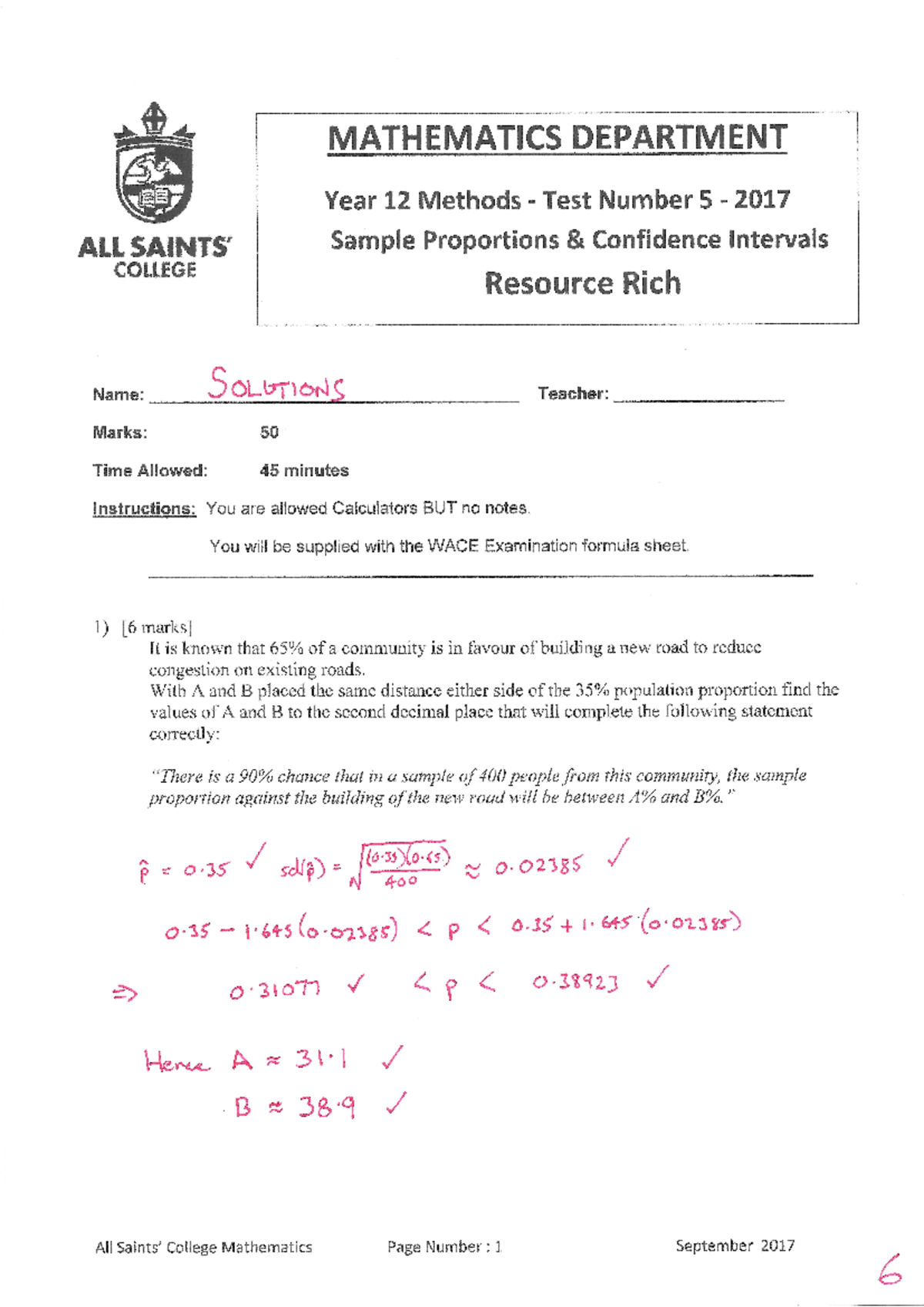 ASC Meth 2017 Test 5 Sample proportions and Confidence Intervals ...