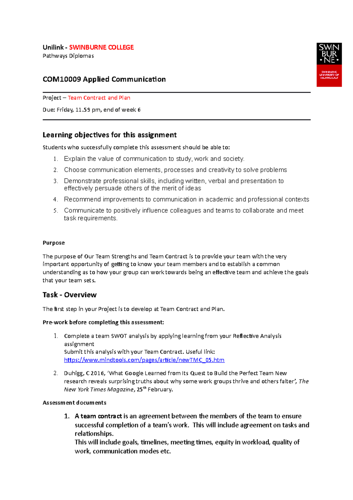 Project - Team contract Instructions - Unilink - SWINBURNE COLLEGE ...