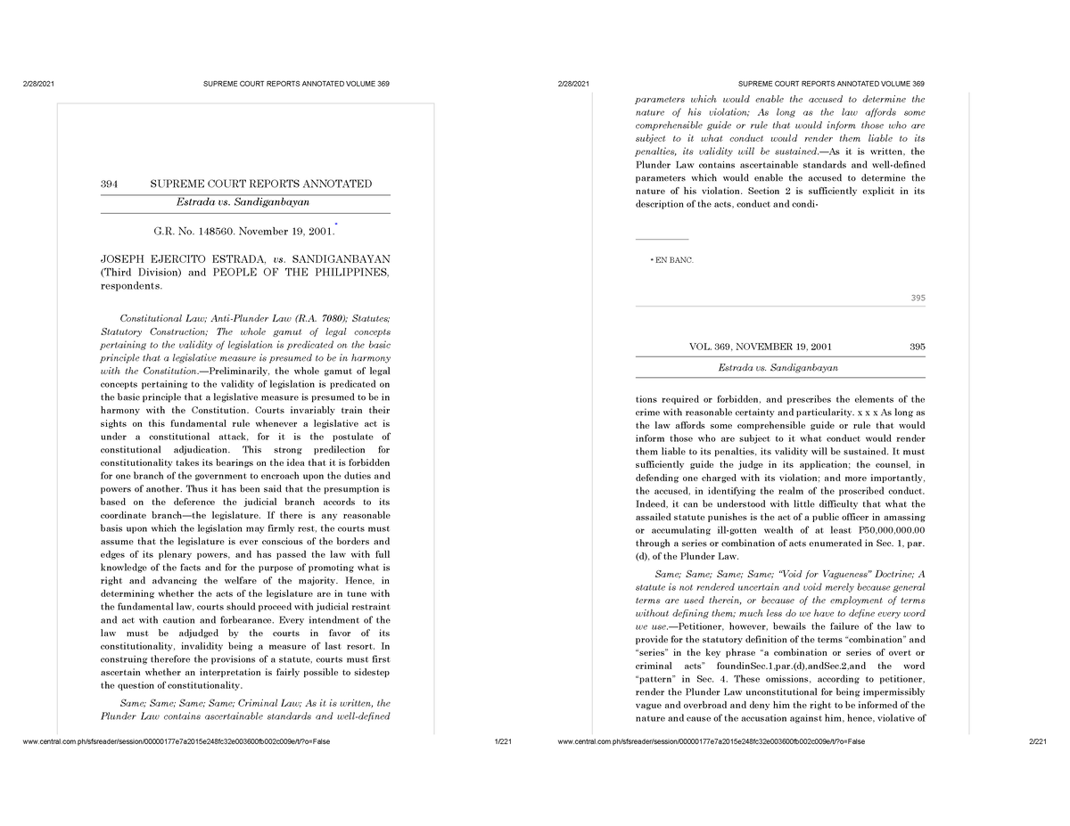 Estrada v. Sandiganbayan, 369 SCRA 394 (2001 ) - 394 SUPREME COURT ...
