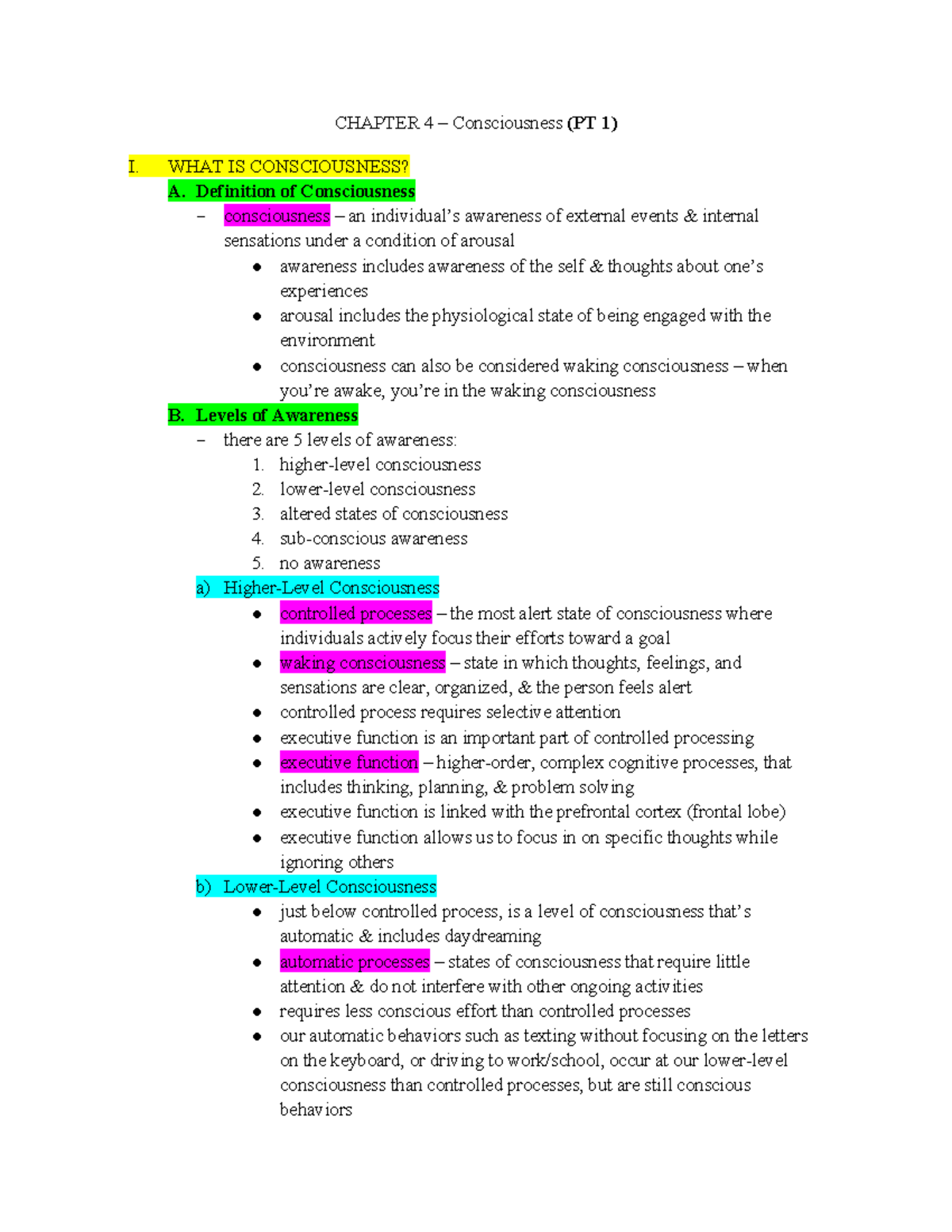 Ch 4 Consciousness PT 1 - Lecture Notes Chapter 4 - CHAPTER 4 ...