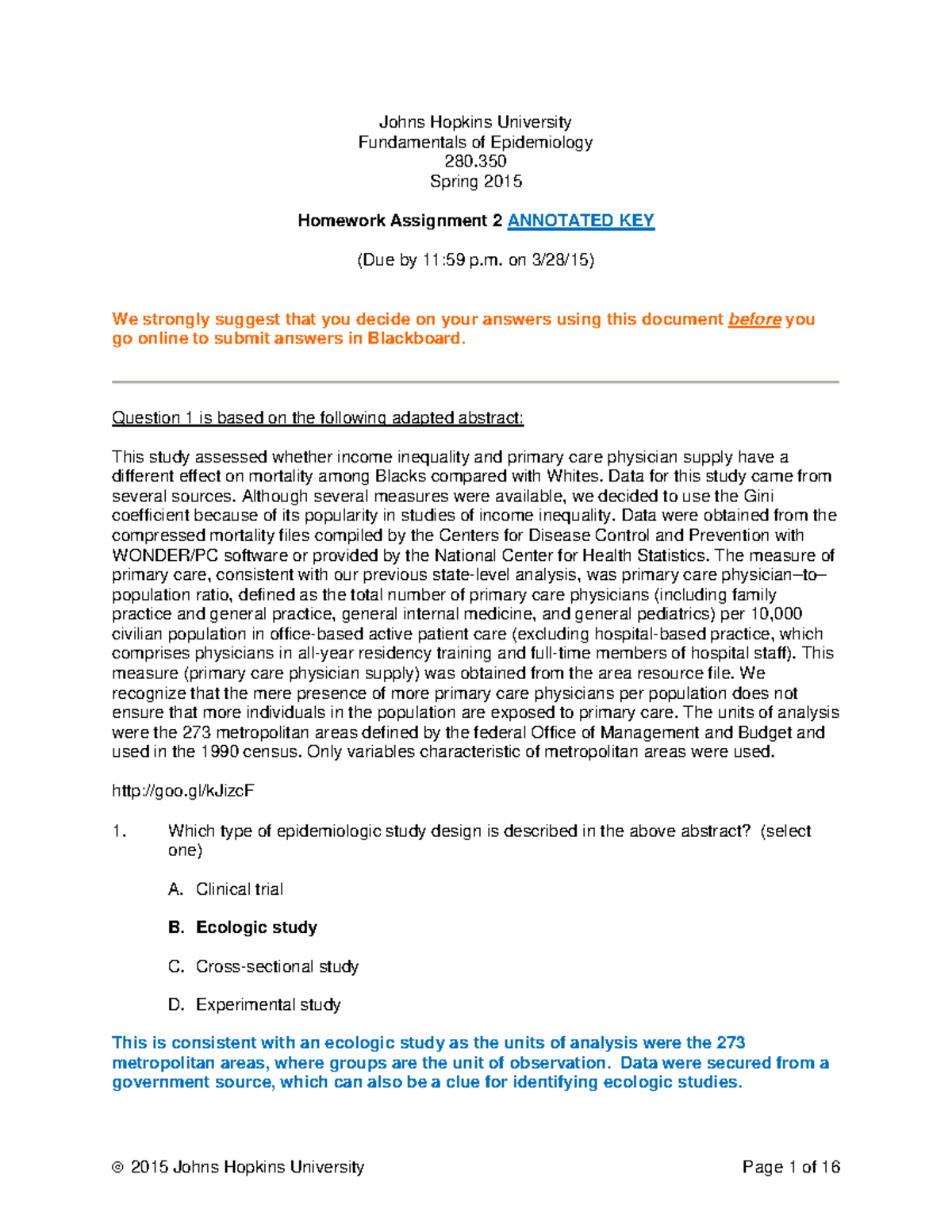 Homework assignment 2 annotated key Johns Hopkins University