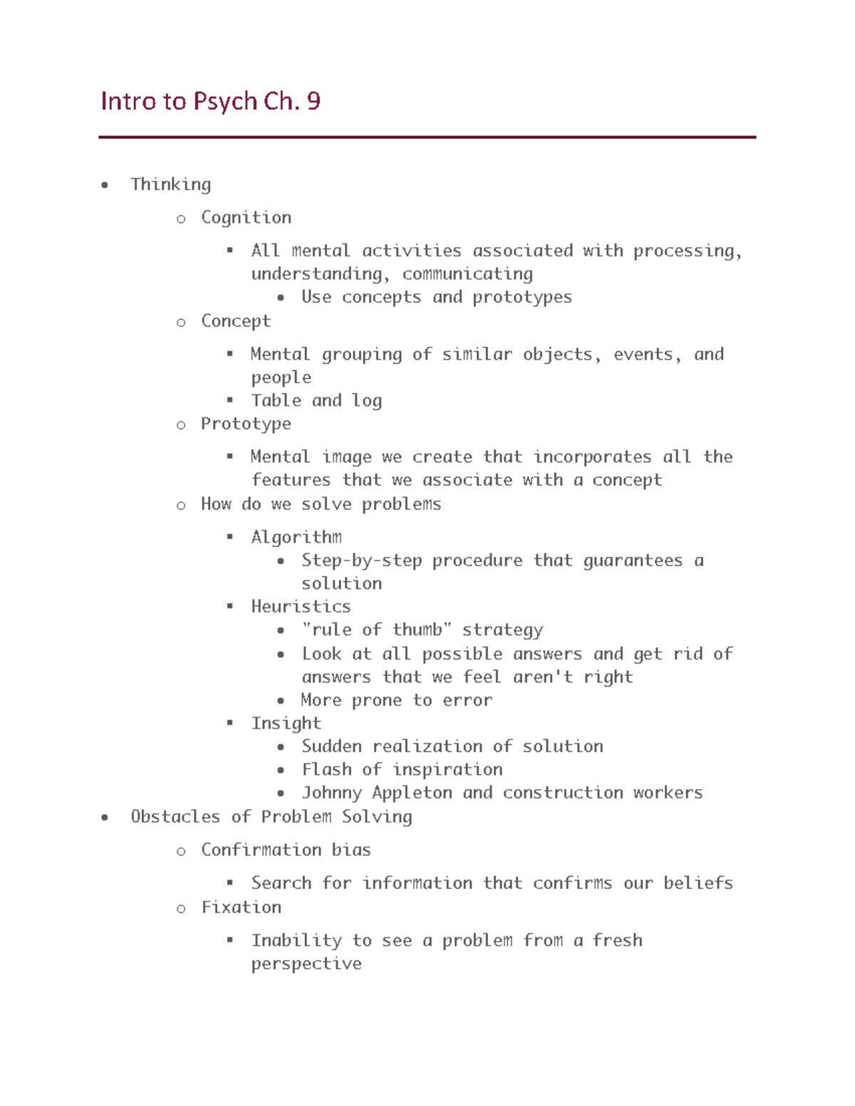 Intro to Psych Ch 9 - meeks chapter 9 - Intro to Psych Ch. 9 • Thinking ...