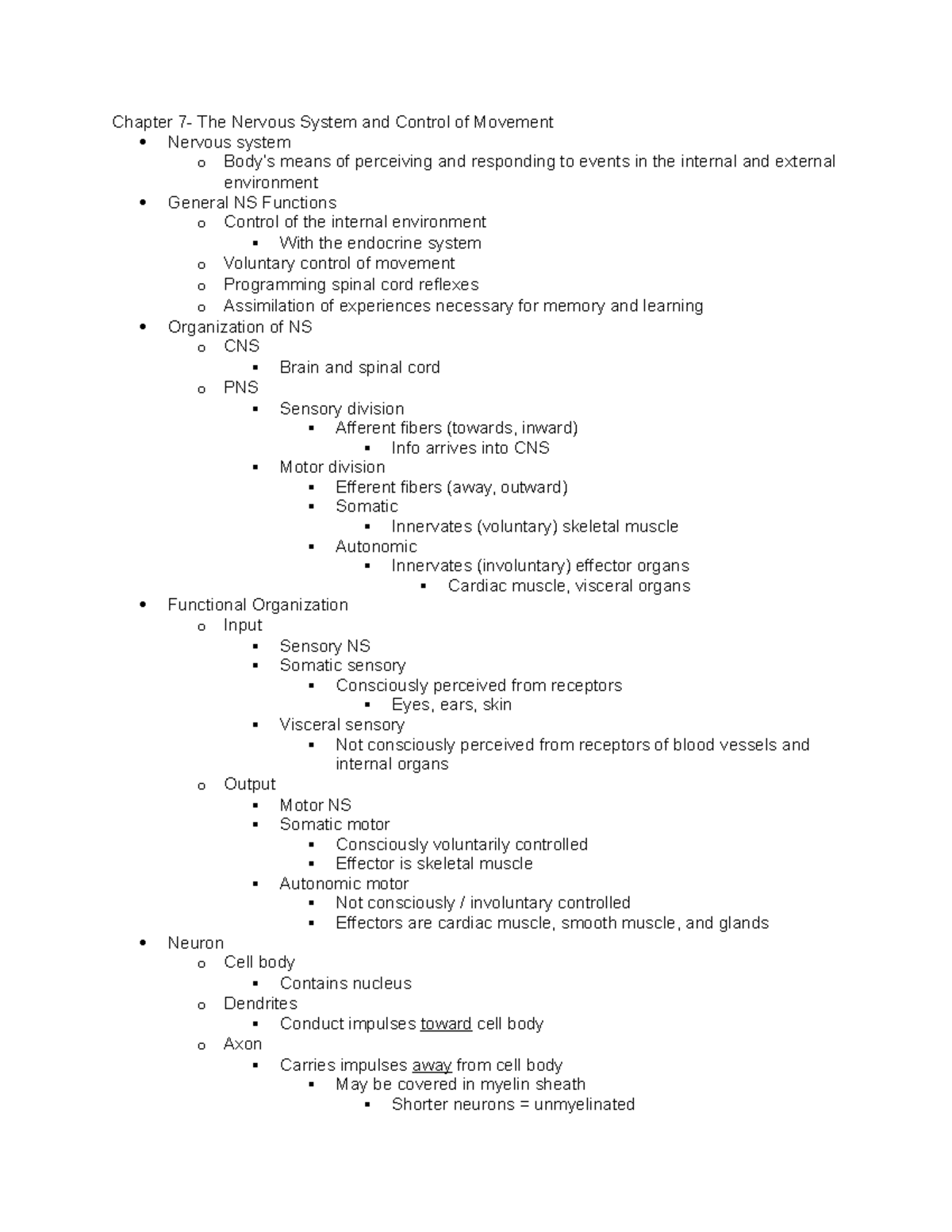 Kns480 chapter 7 - Chapter 7- The Nervous System and Control of ...