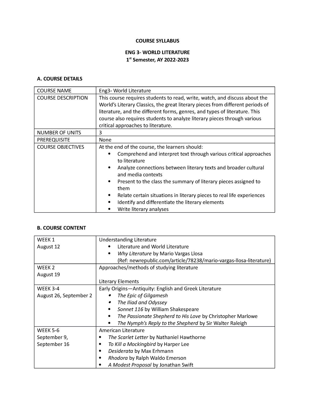 Course Syllabus - COURSE SYLLABUS ENG 3- WORLD LITERATURE 1 St Semester ...