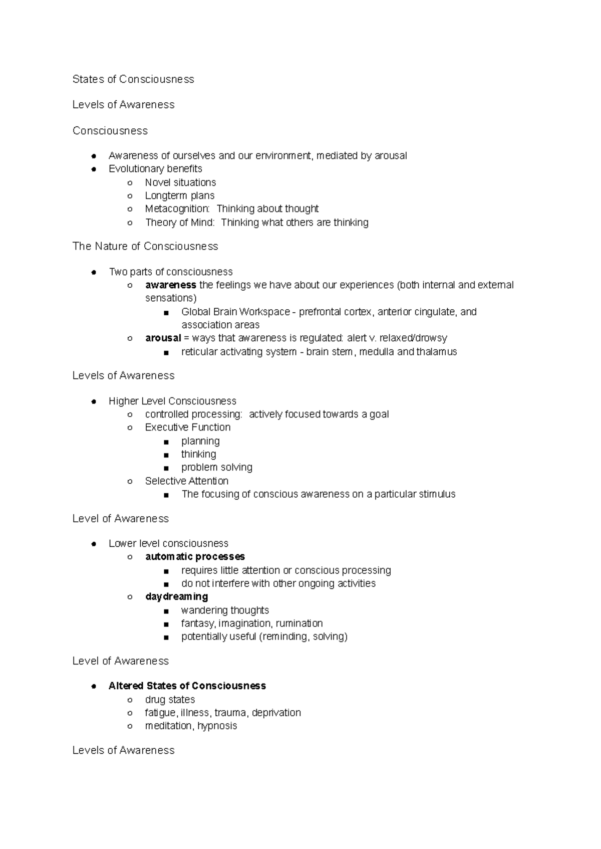 Consciousness - States of Consciousness Levels of Awareness ...
