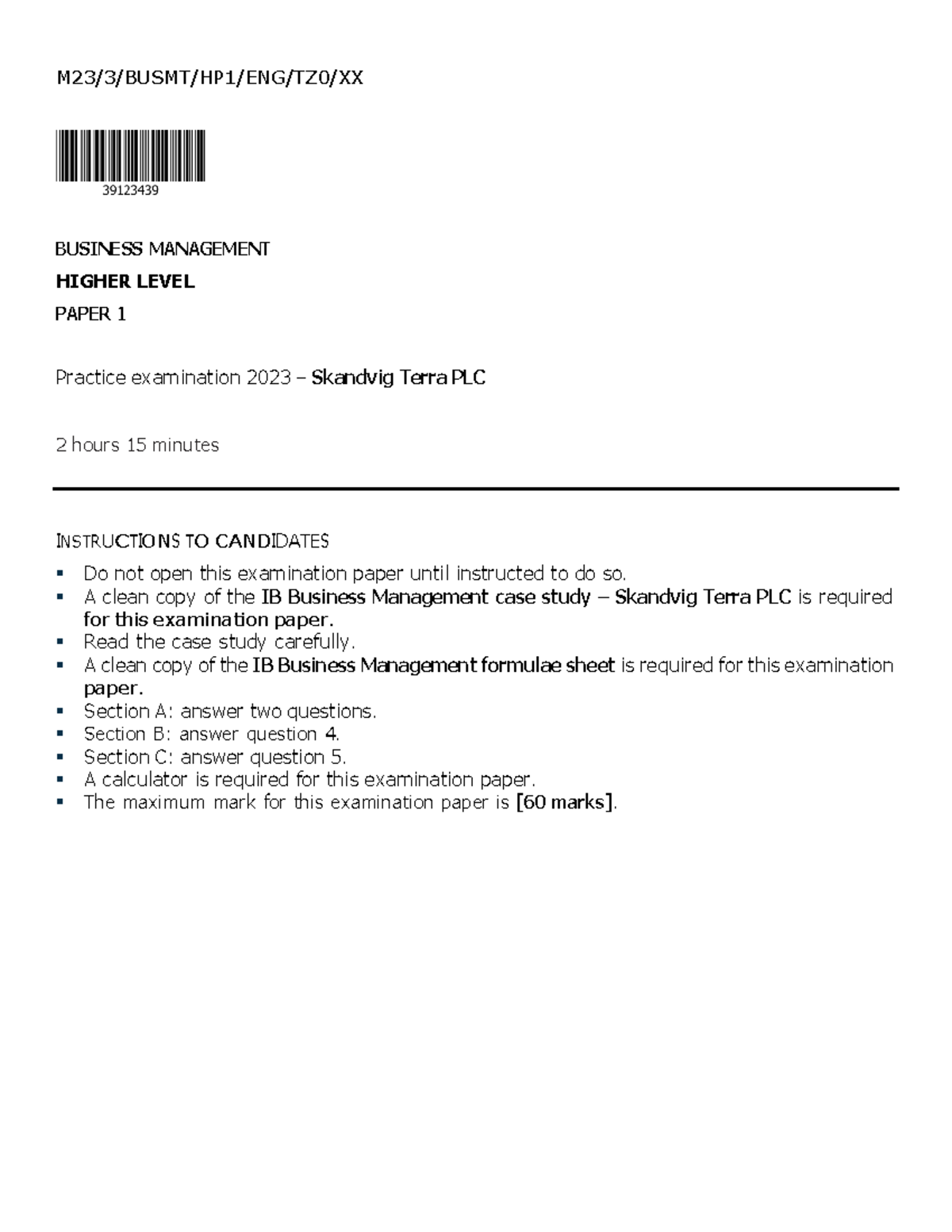 Skandvig terra plc ib business management hl paper 1 mock Answers M23