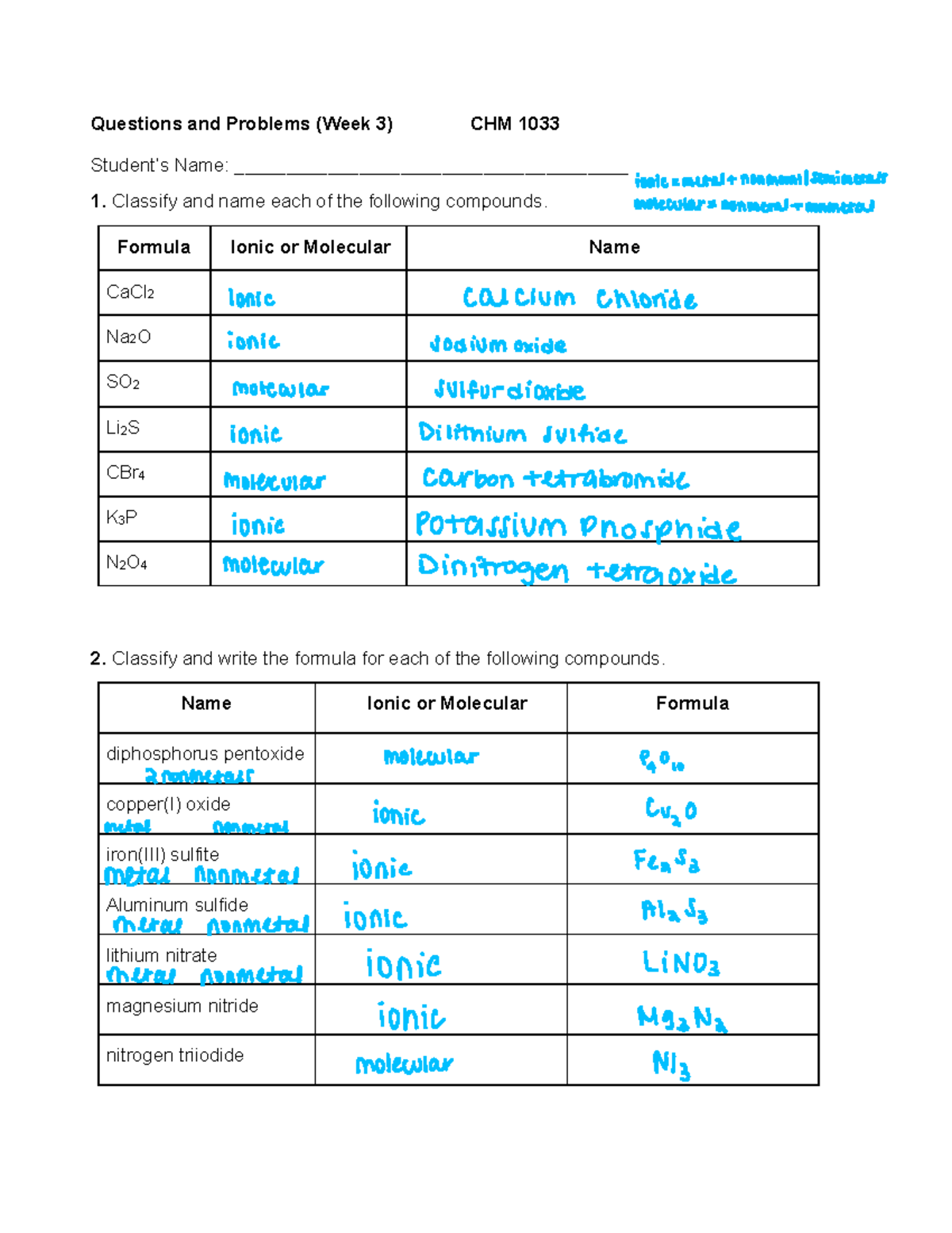 Questions and Problems 4 - Formula Ionic or Molecular Name CaCl 2 Na 2 ...