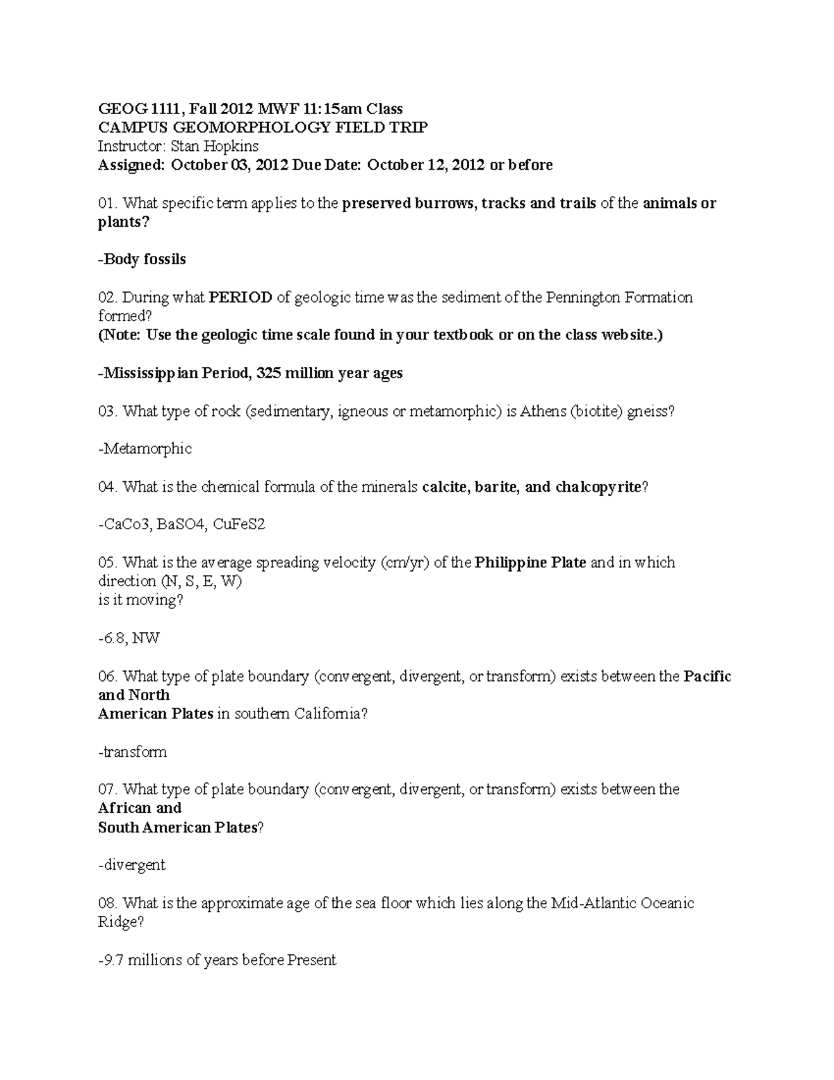 Field Trip Project Answers GEOG 1111, Fall 2012 MWF 1115am Class