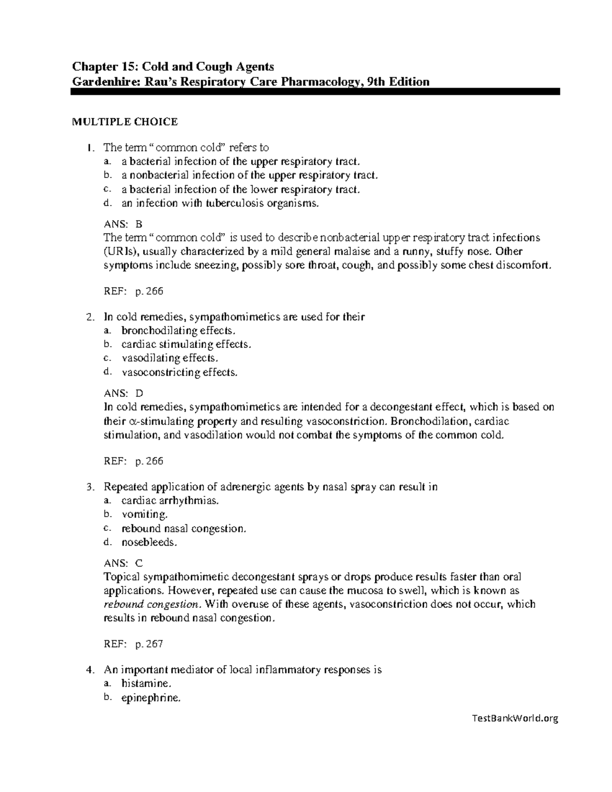 C15 - Practice quiz - Chapter 15: Cold and Cough Agents Gardenhire: Rau ...