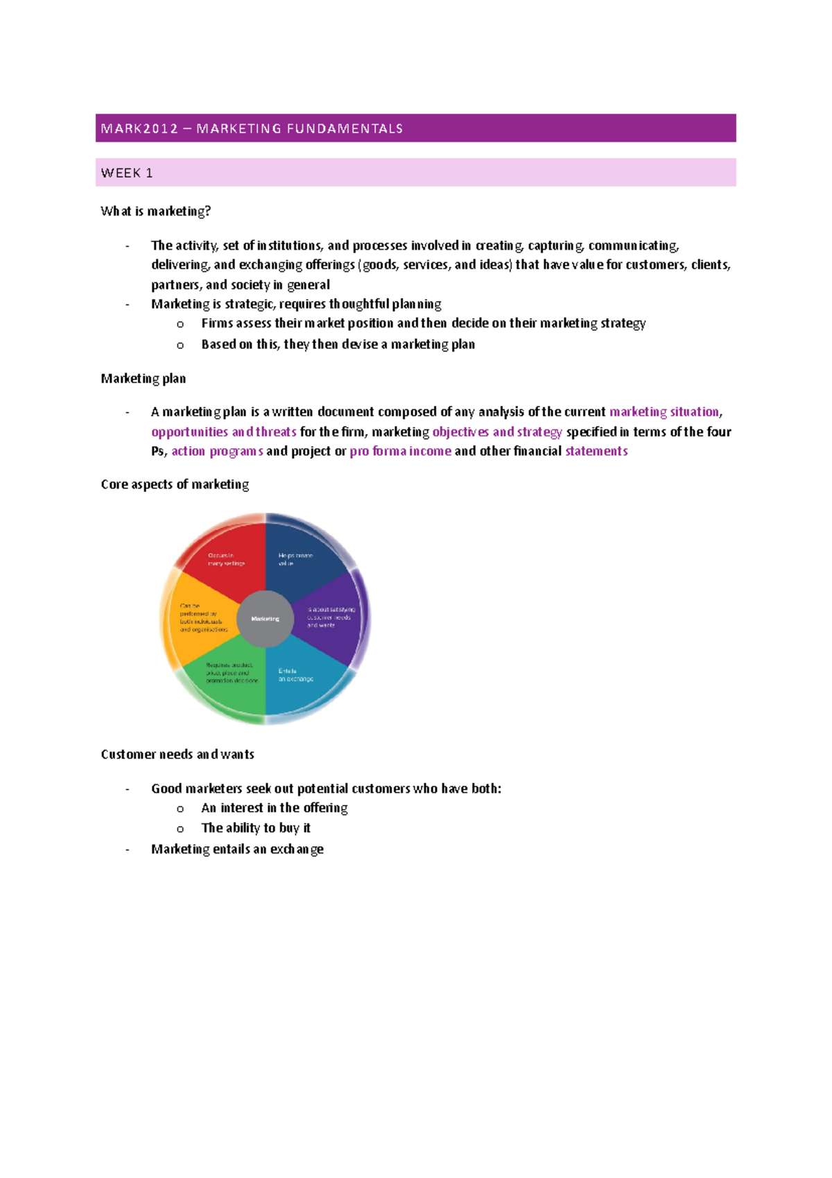 MARK2012 - notes - MARK2012 – MARKETING FUNDAMENTALS WEEK 1 What is ...