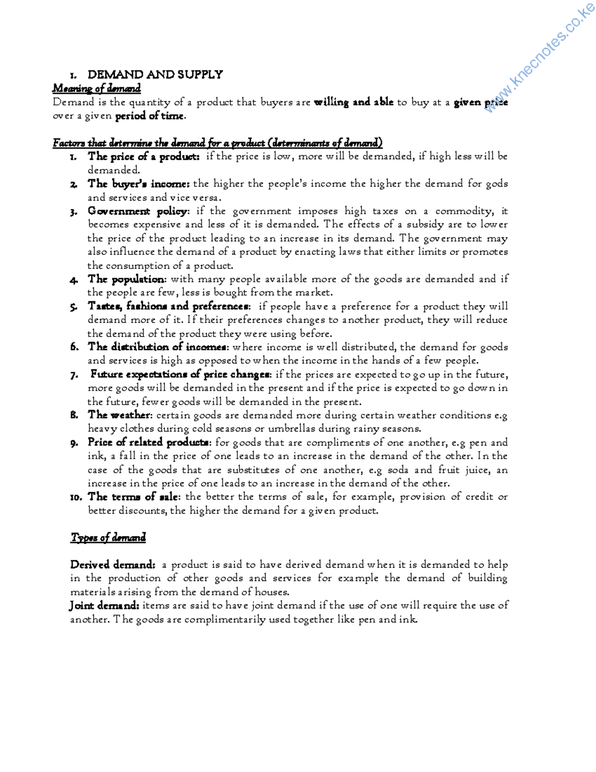 Business Studies F3 Notes with notes - 1. DEMAND AND SUPPLY Meaning of ...
