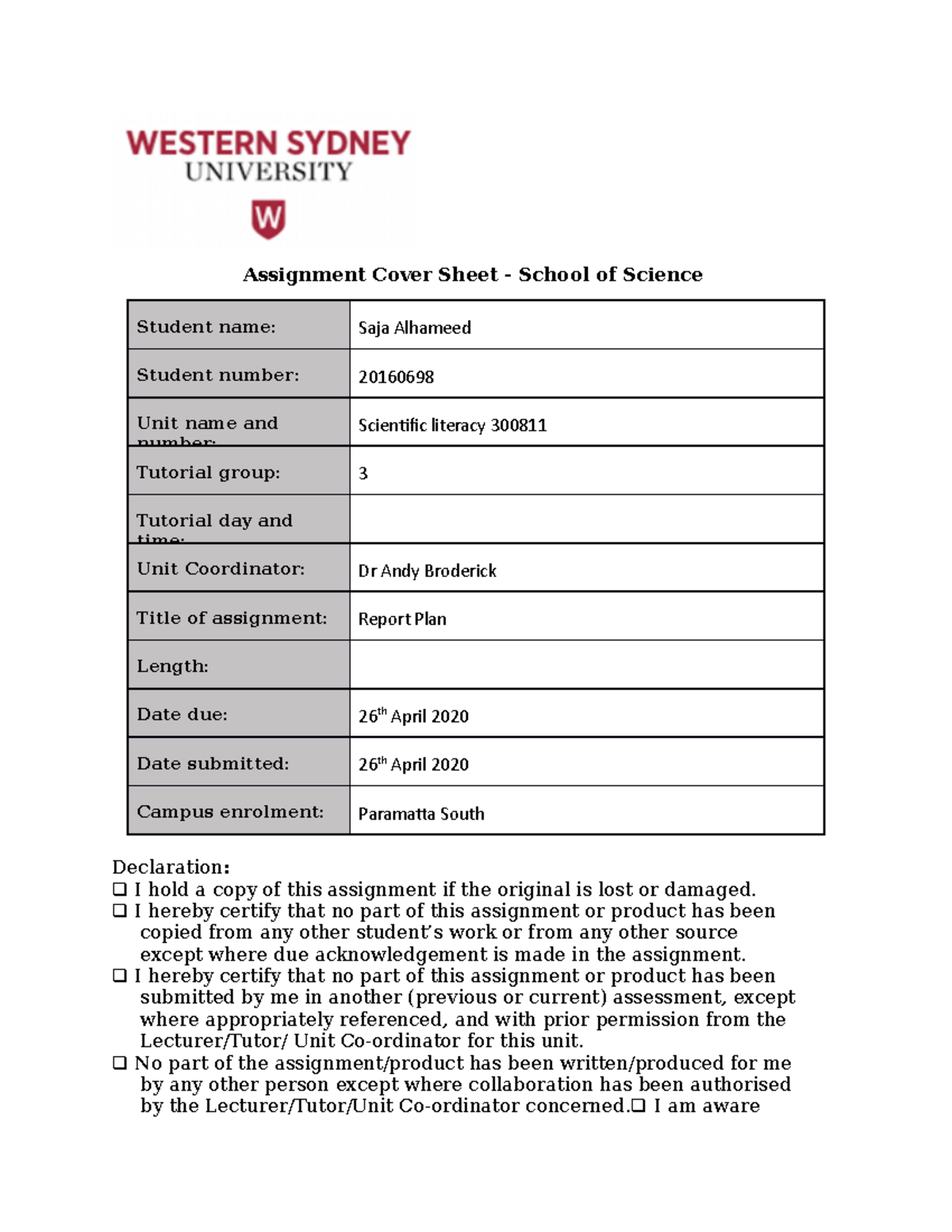 SL report plan - Assignment Cover Sheet - School of Science Student ...