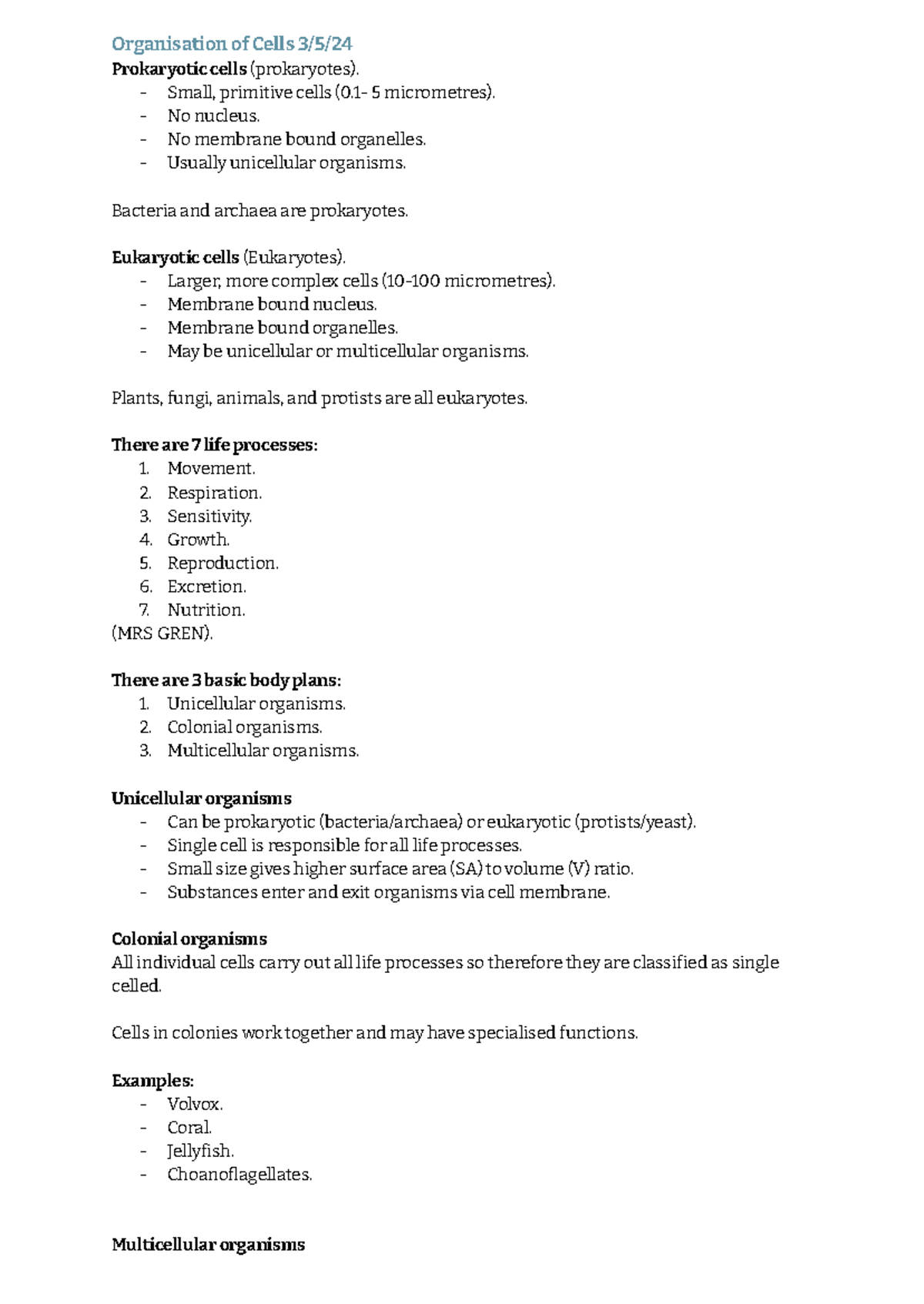 Biology weekly revision notes - Organisation of Cells 3/5/ Prokaryotic ...