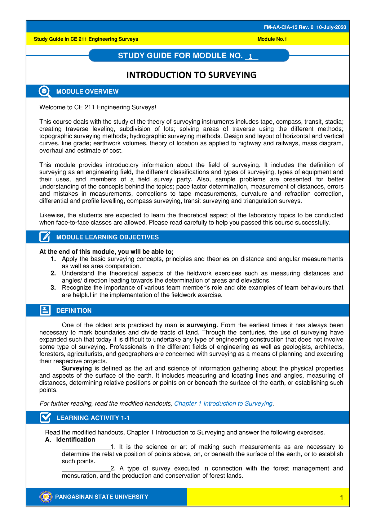 CE 211-SG-1 - Study Guide 1 for Engineering Surveys - PANGASINAN STATE ...