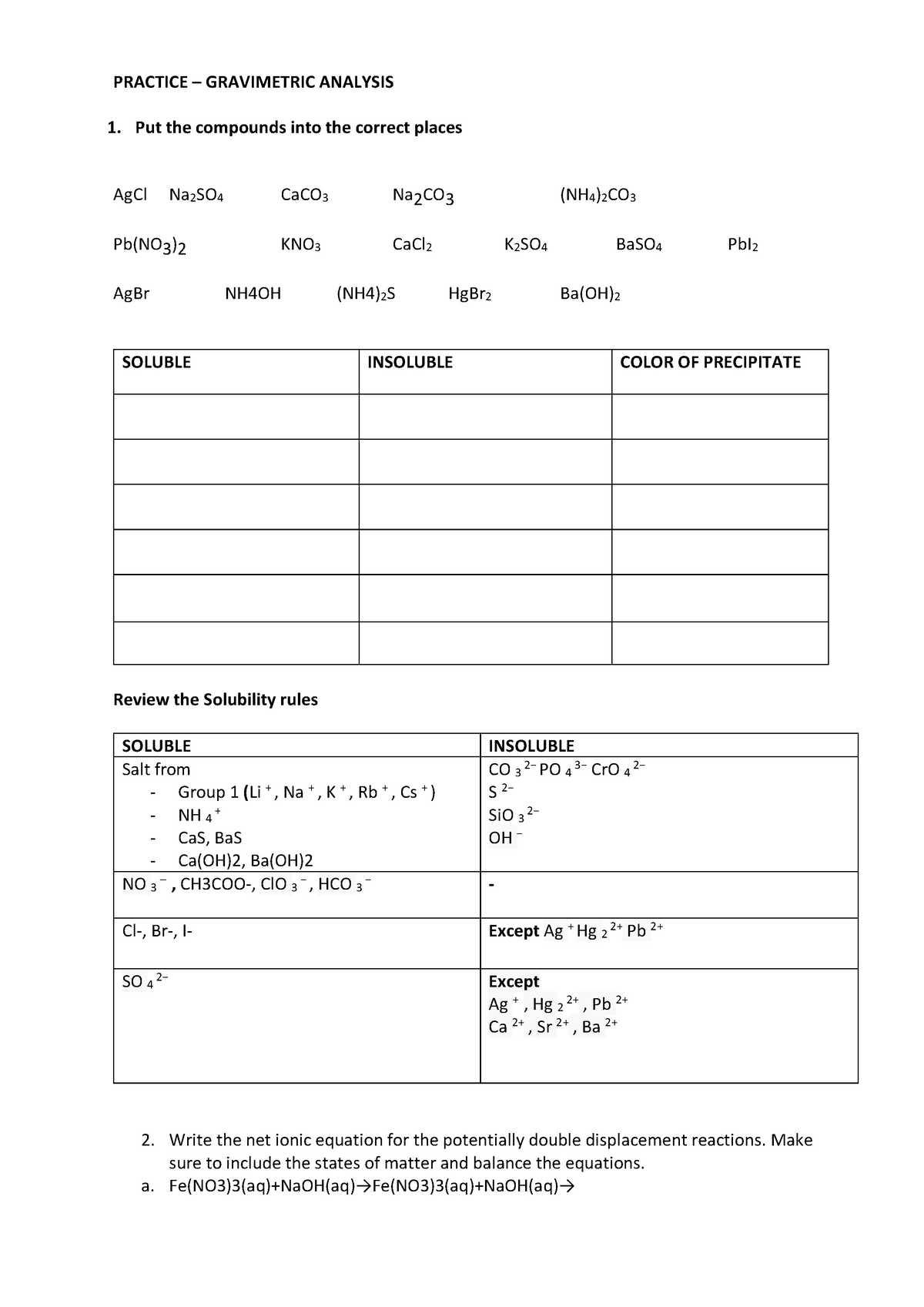 Review Solubility Rules and Precipitation - PRACTICE – GRAVIMETRIC ...