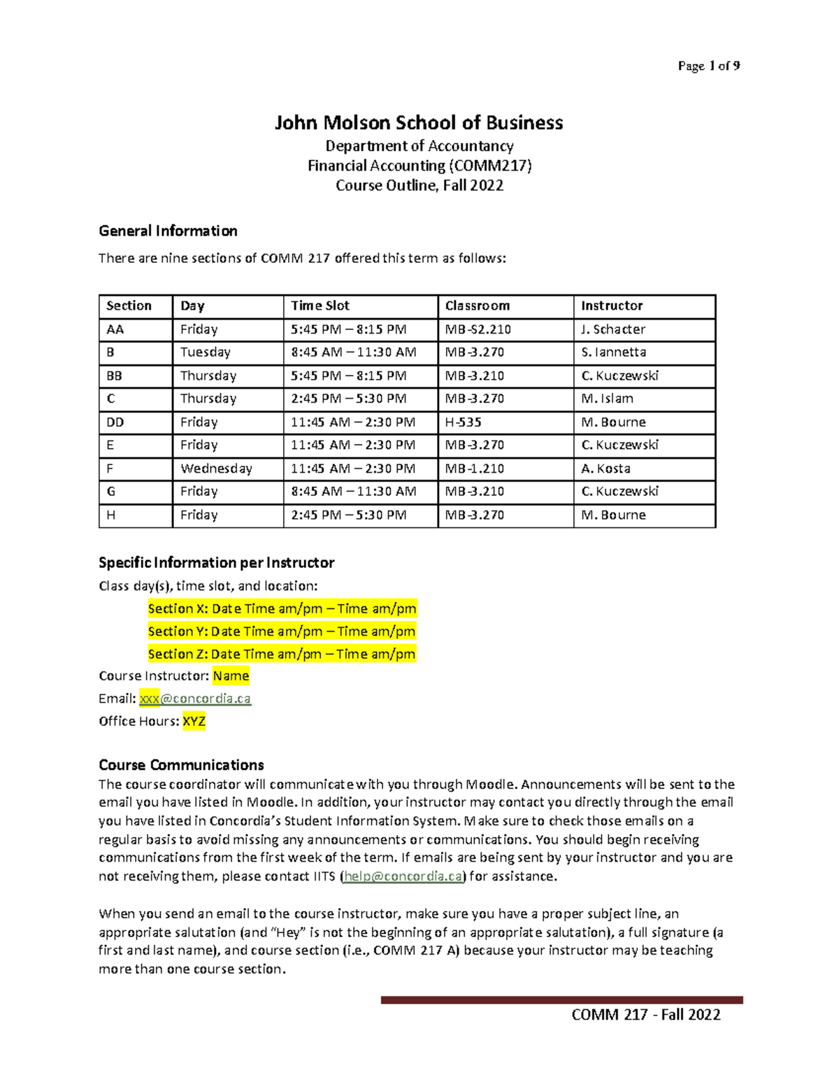 Common Course Outline Fall 2022 - John Molson School of Business ...