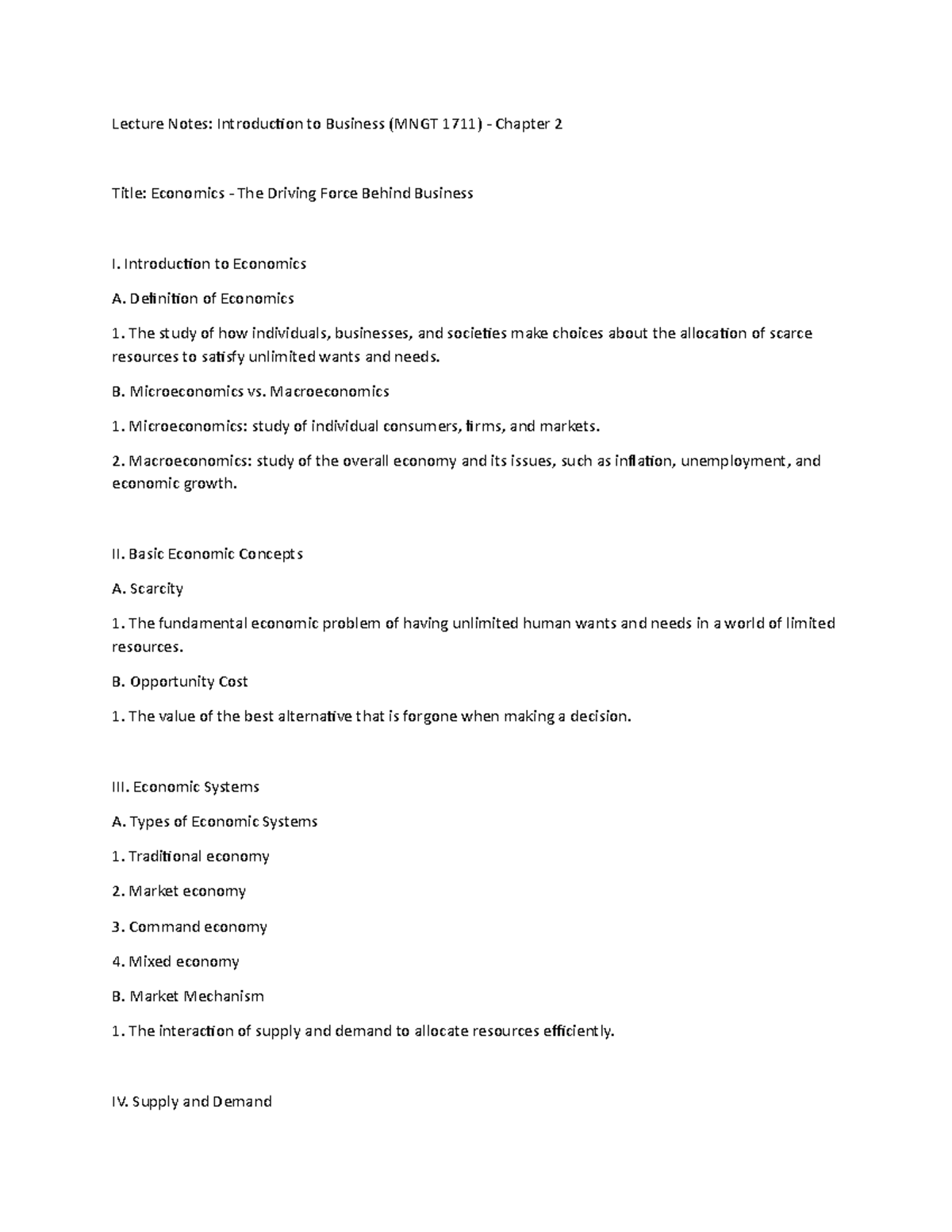 Introduction to bus ch 2 - Lecture Notes: Introduction to Business ...