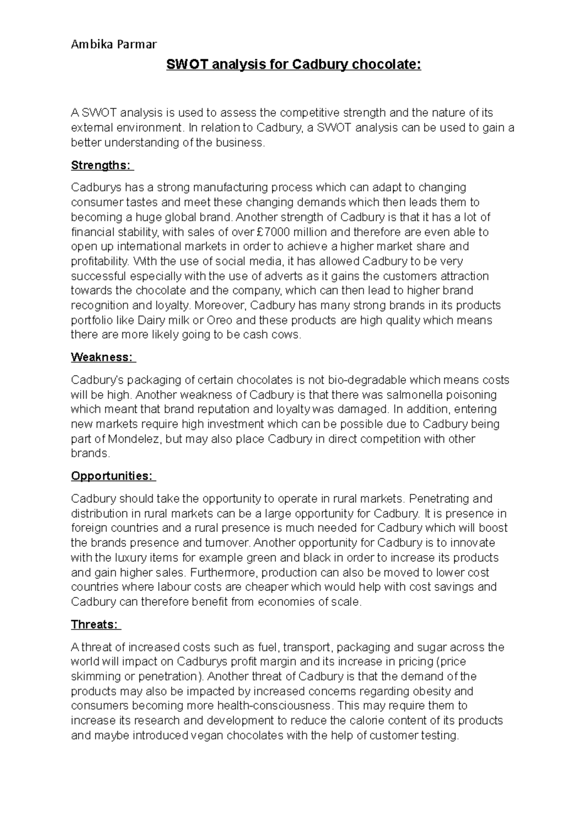 SWOT analysis for Cadbury chocolate - Ambika Parmar SWOT analysis for ...