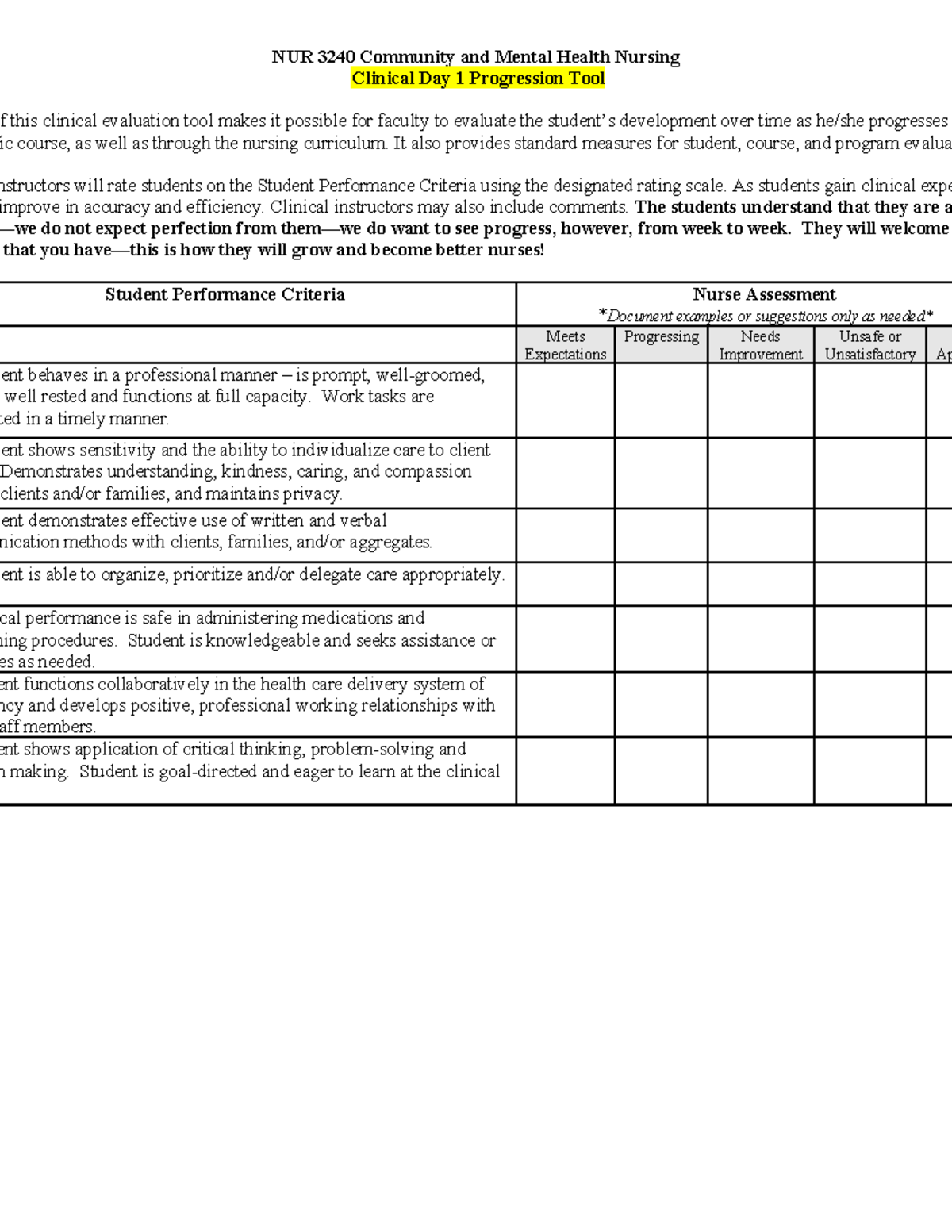 Clinical Day 1 Progression Tool - NUR 3240 Community and Mental Health ...
