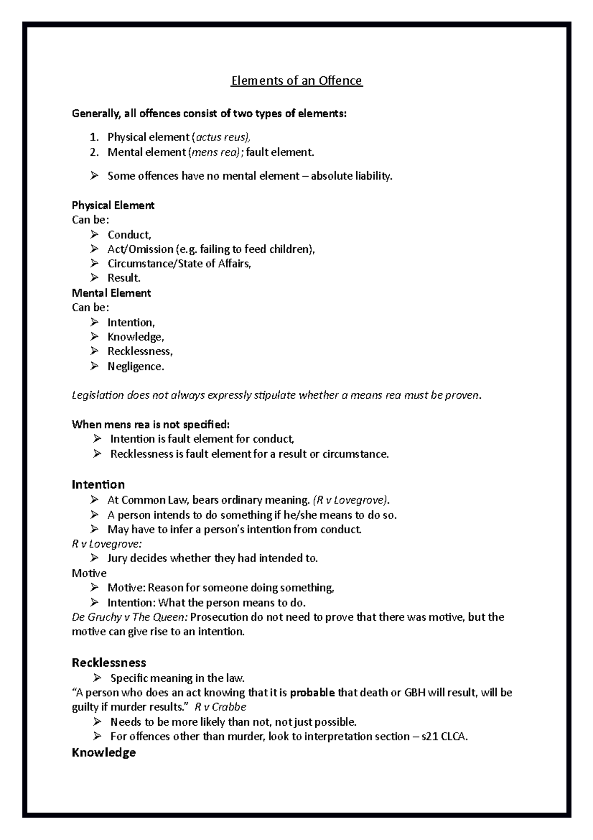 Criminal Law Exam Notes Summary lecture 1 10 Elements of an