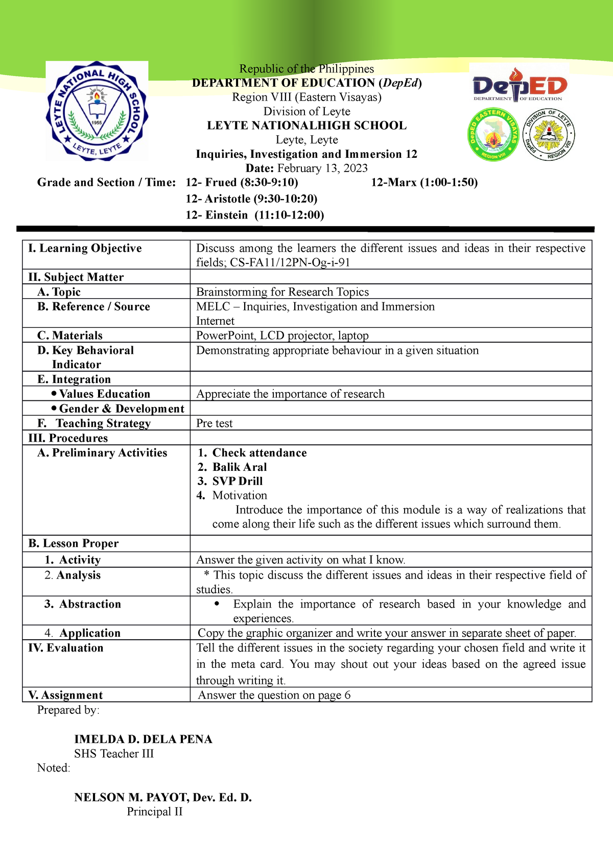 Inquires And Immersion - Republic Of The Philippines DEPARTMENT OF ...