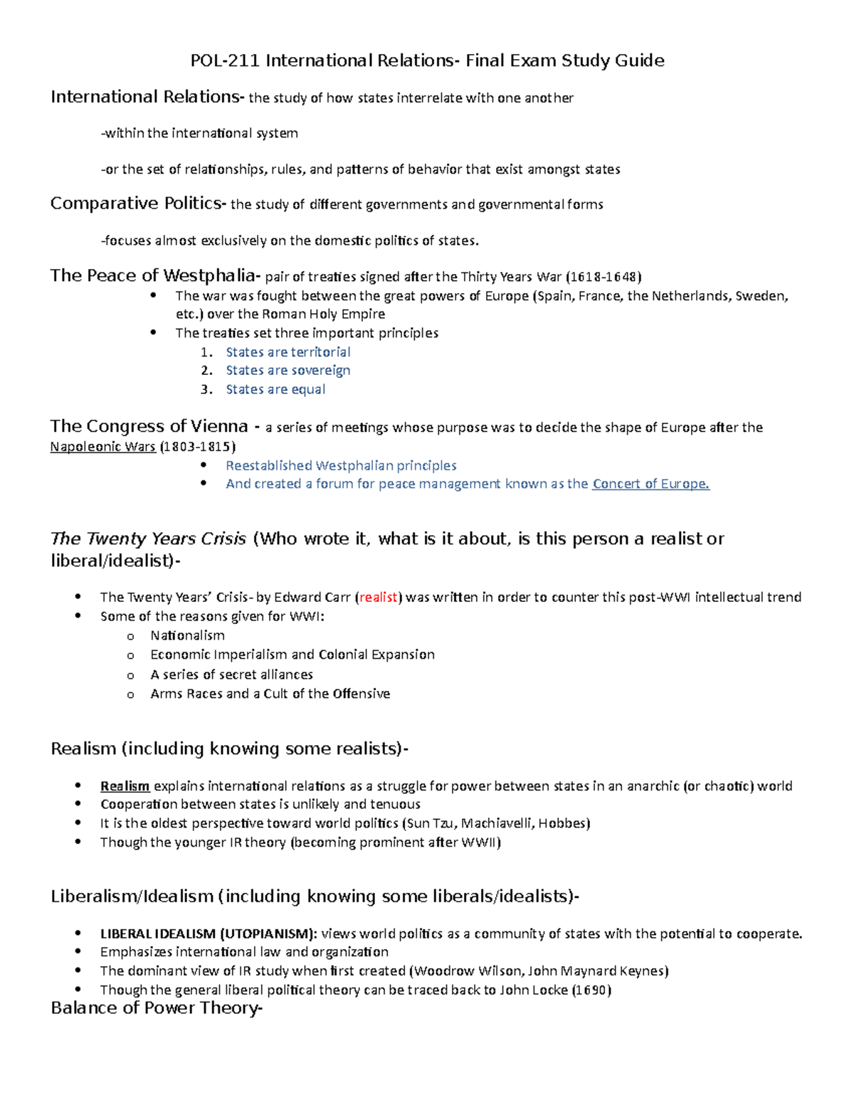 Final Exam Study Guide - From POL-211 course - POL-211 International ...
