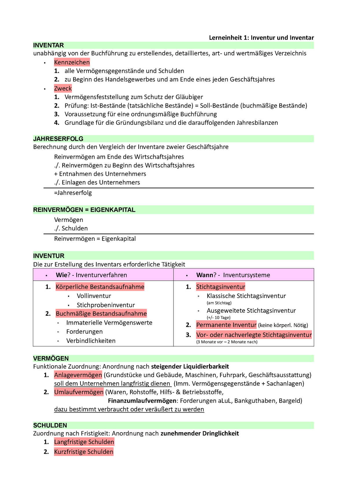 Tbr Zusammenfassung 2 - Lerneinheit 1: Inventur Und Inventar INVENTAR ...