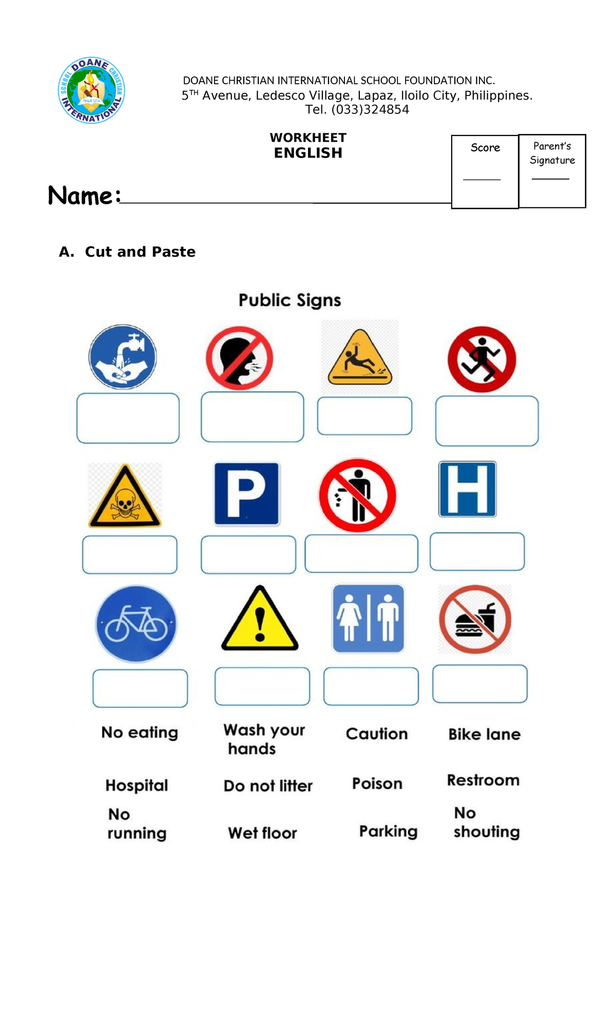 English Worksheet 2324 DOANE CHRISTIAN INTERNATIONAL SCHOOL