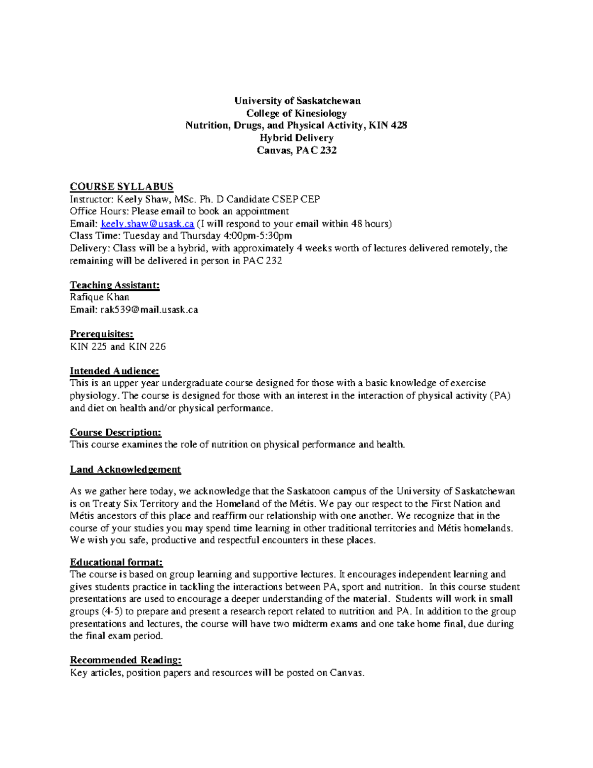 University of Saskatchewan Syllabus 2022 KIN 428 - University of ...