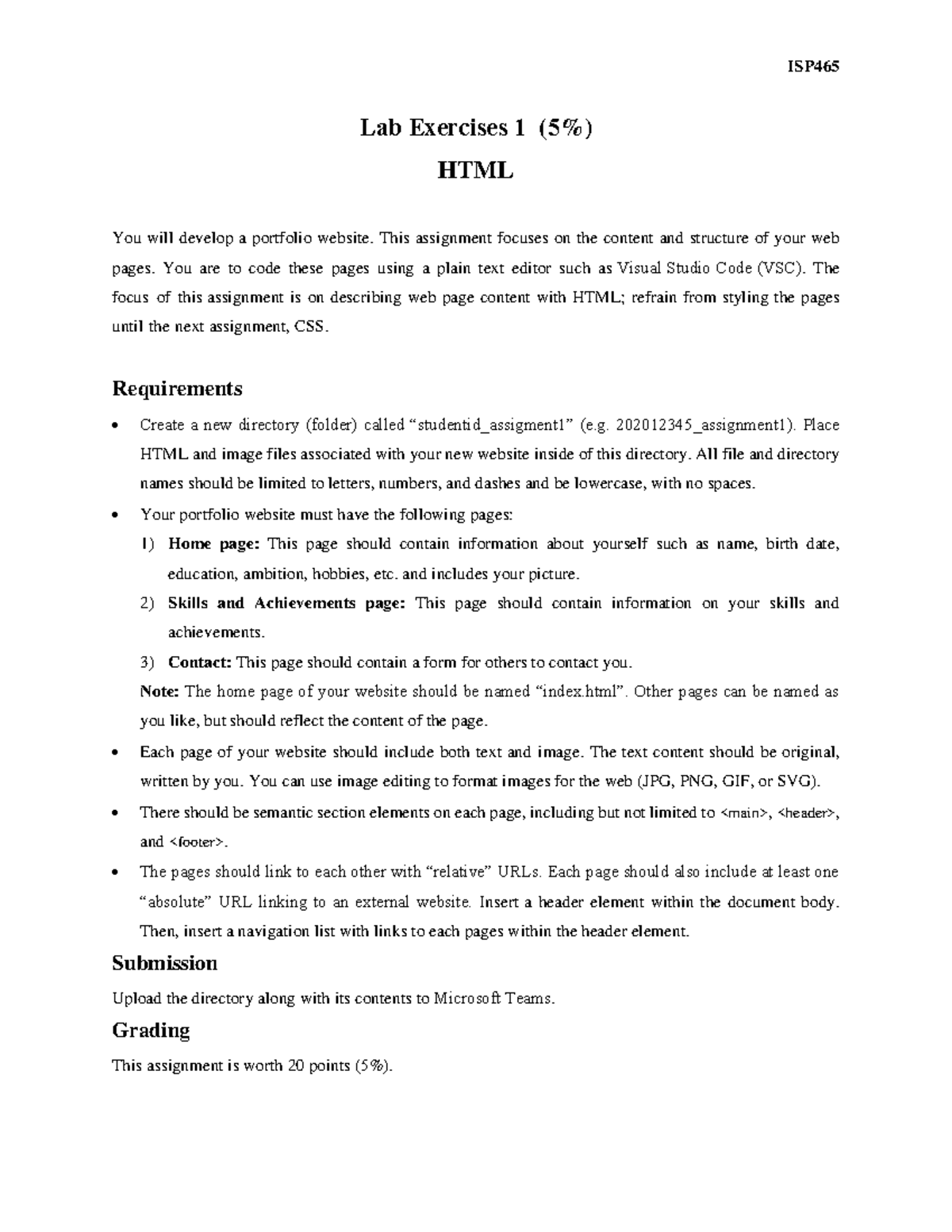 ISP465 Lab Exercises 1 - HTML - ISP Lab Exercises 1 ( 5 %) HTML You ...
