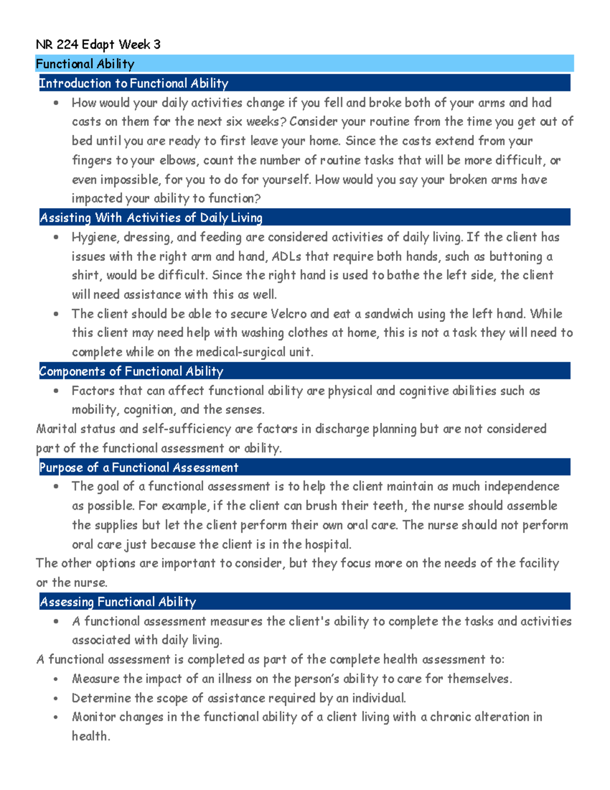 NR 224 Week 3 Edapts - Edapt - NR 224 Edapt Week 3 Functional Ability ...