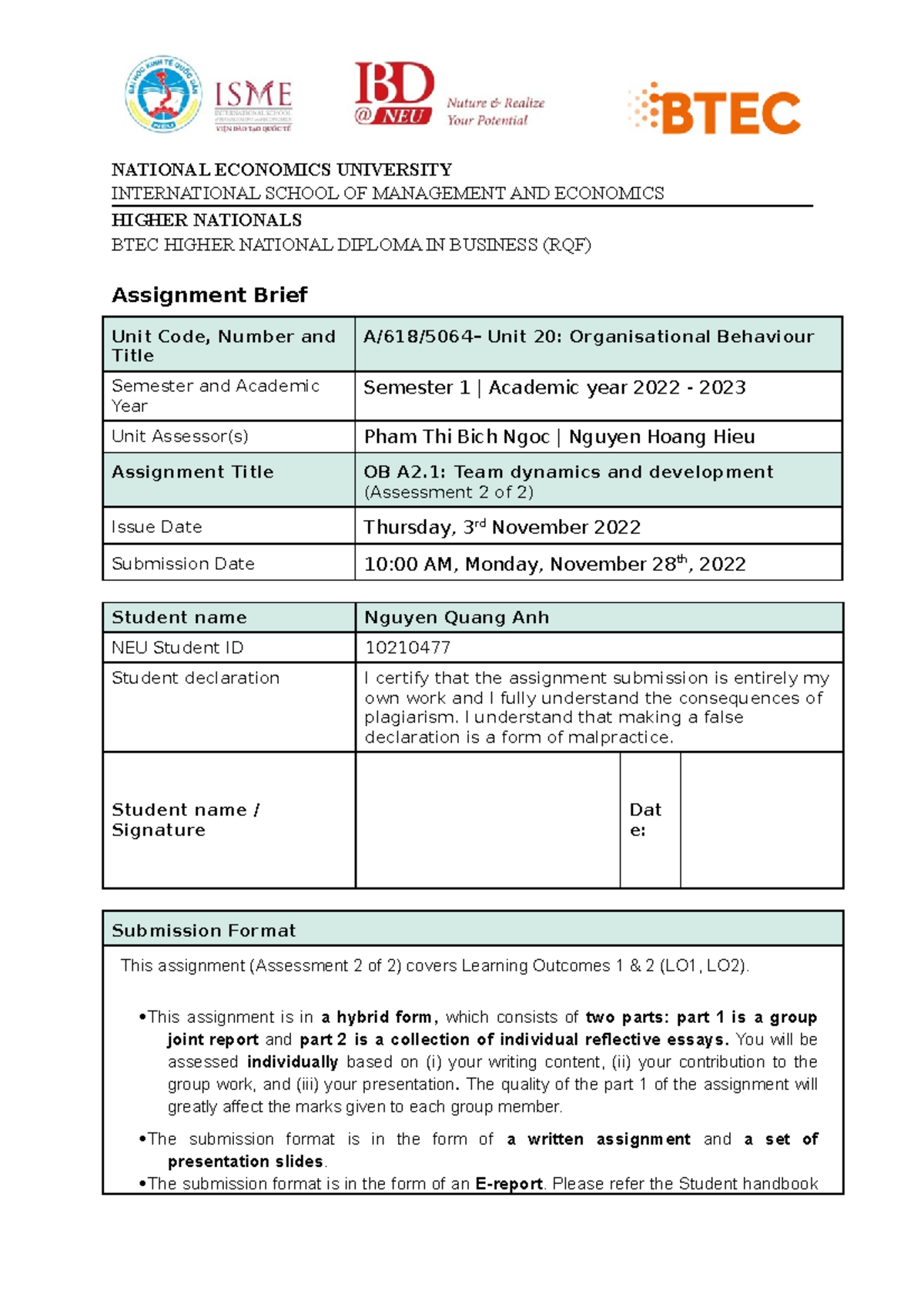 OB - Assignment Brief 2.1 - New form - NATIONAL ECONOMICS UNIVERSITY ...
