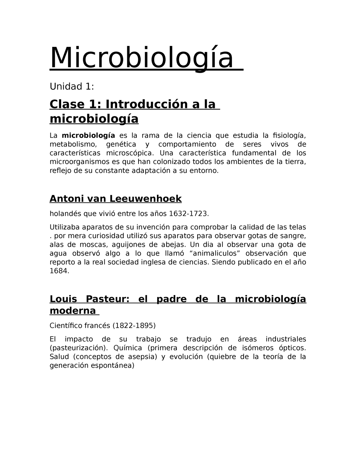 Un poco de Microbiología - Microbiología Unidad 1: Clase 1: Introducción a  la microbiología La - Studocu