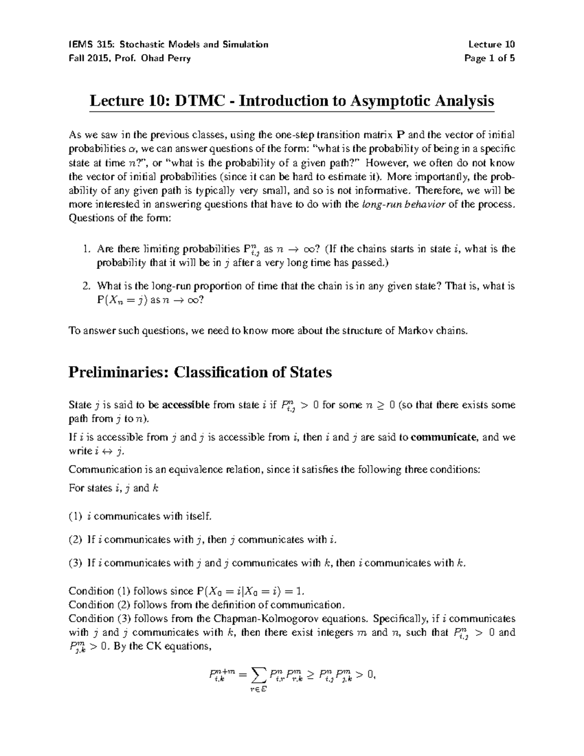 315-Lec10 - Lecture notes 10 - IEMS 315: Stochastic Models and ...