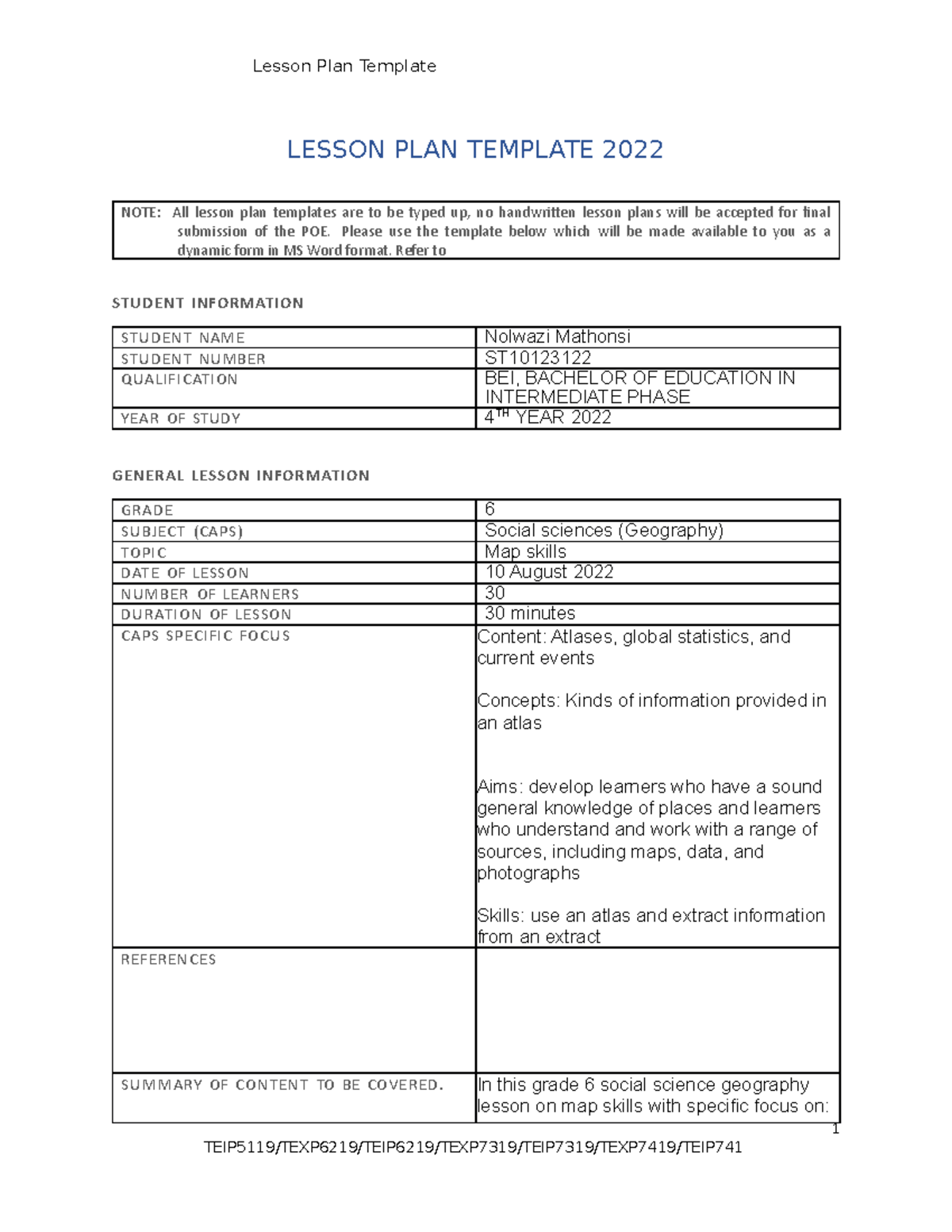 2022 TEIP7419 TE405a Lesson Plan template - 1 LESSON PLAN TEMPLATE 2022 ...