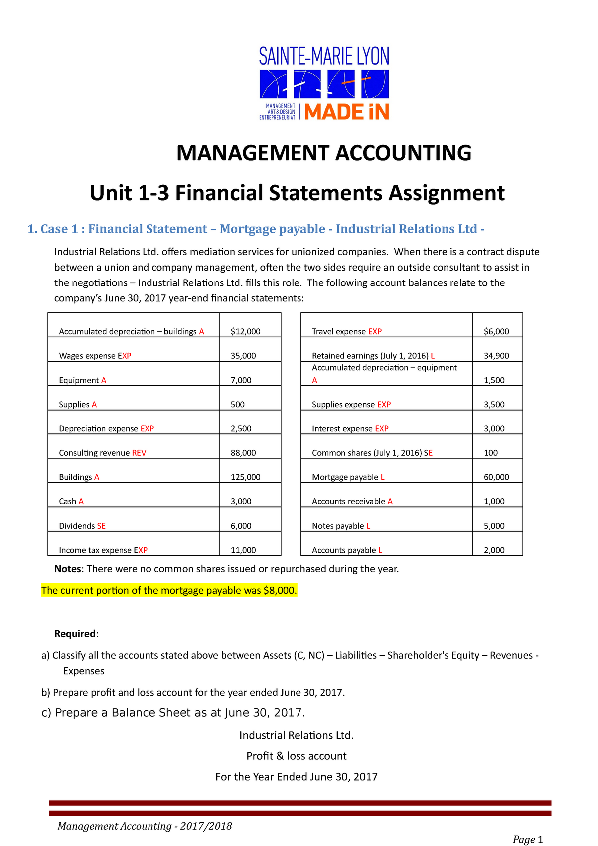 financial statements assignment