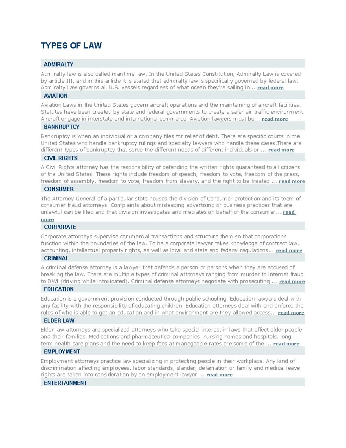 Types OF LAW few jotted notes TYPES OF LAW ADMIRALTY Admiralty law