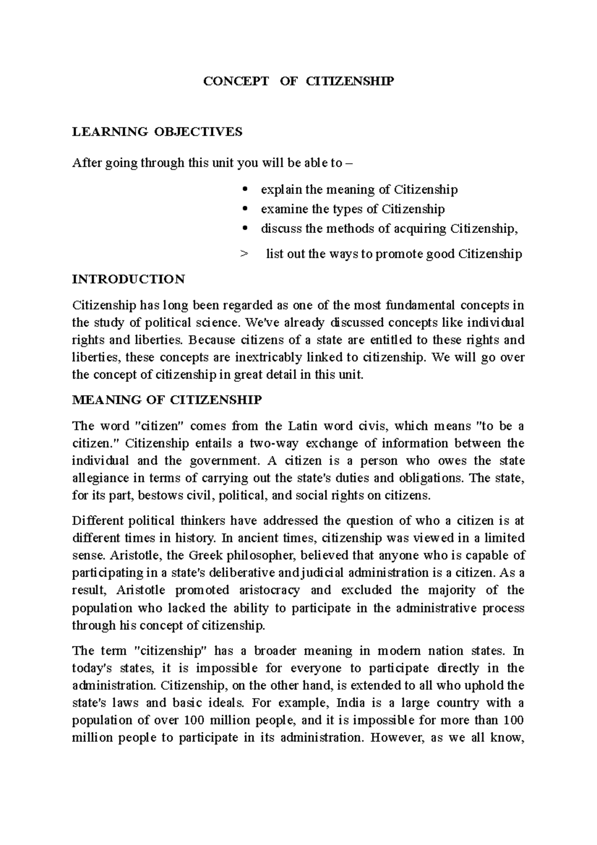 Concept OF Citizenship - CONCEPT OF CITIZENSHIP LEARNING OBJECTIVES After  going through this unit - Studocu