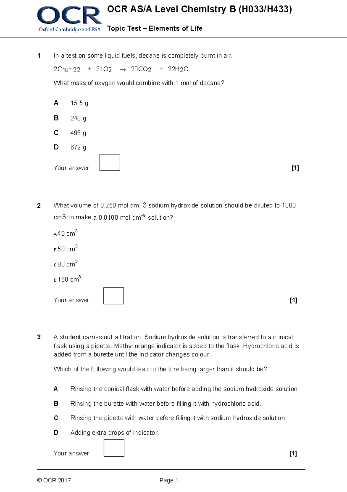 01. GCE A AS Level Chemistry B Topic Test - Elements Of Life - 1 In A ...