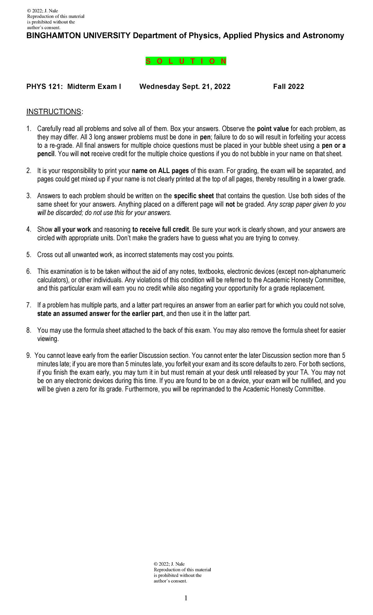 Physics First Exam-Fall 2022 - Reproduction of this material is ...