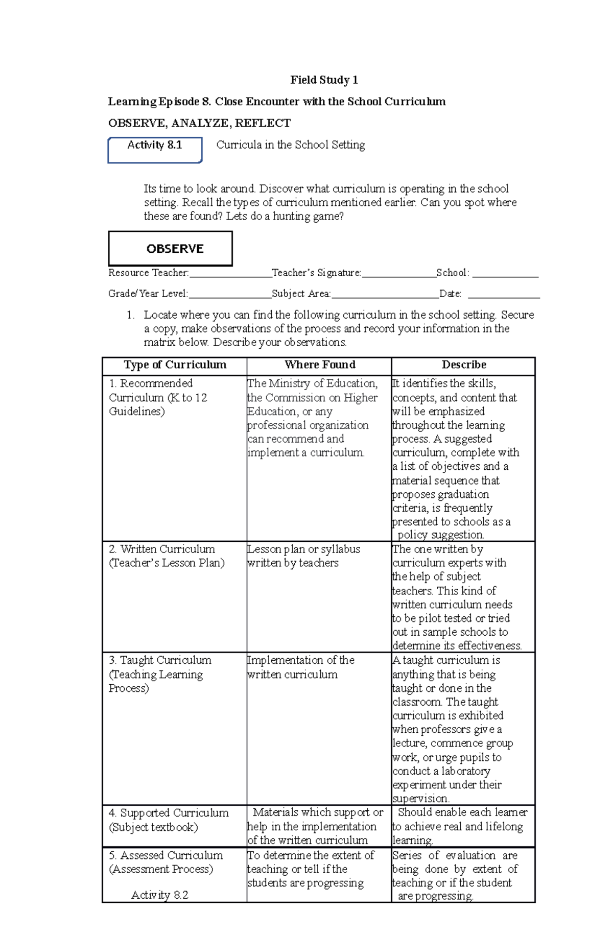 Field study eight Activity 8. Field Study 1 Learning Episode 8. Close Encounter with the