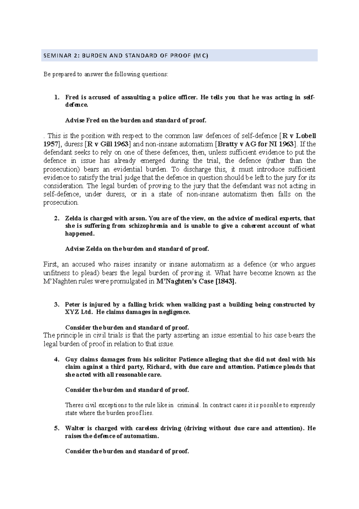Seminar answers and questions evidence law burden of proof - SEMINAR 2 ...