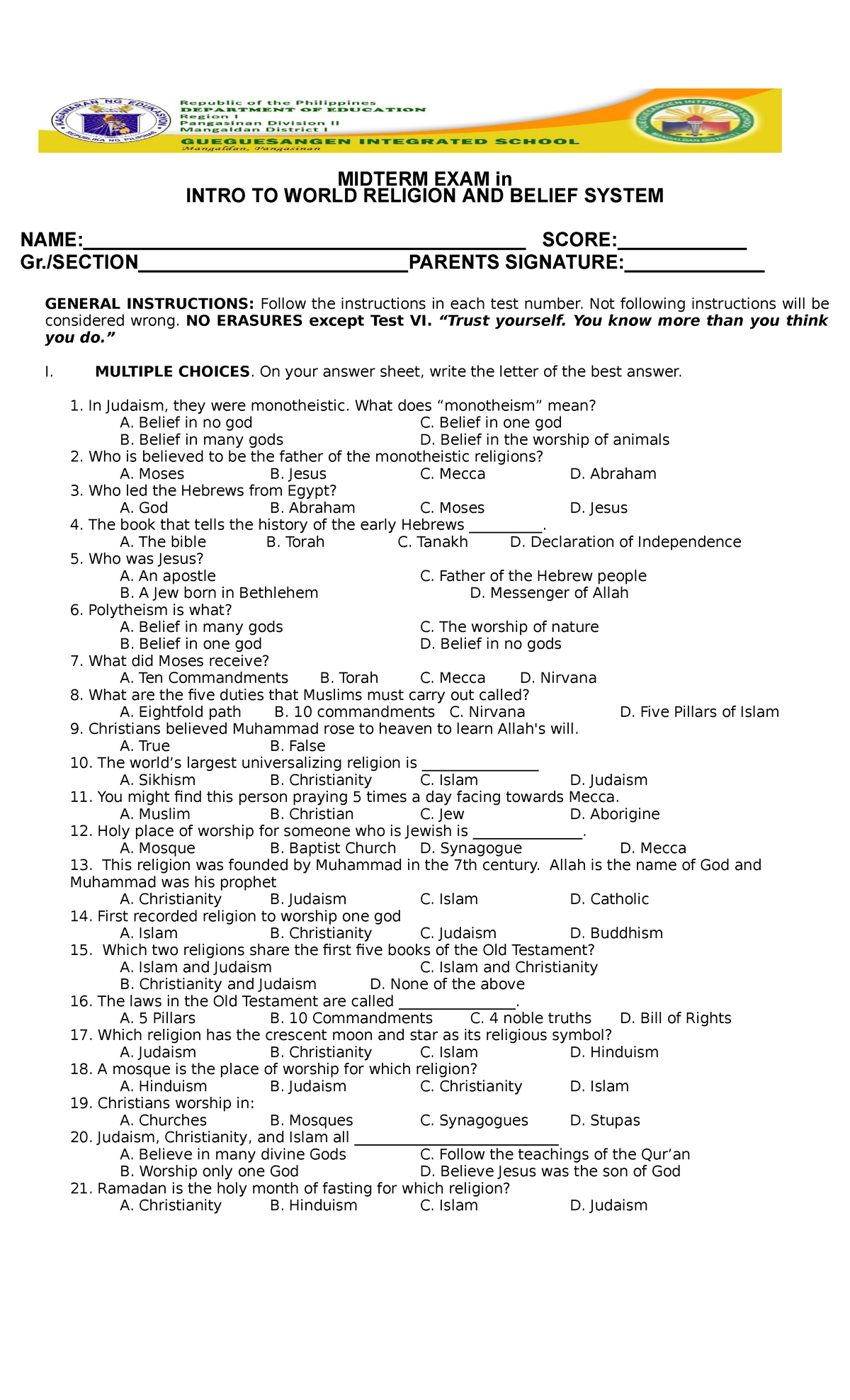 Midterm EXAM in ITWR introduction to world religion and belief system Midterm EXAM in ITWR introduction to world religion and belief system