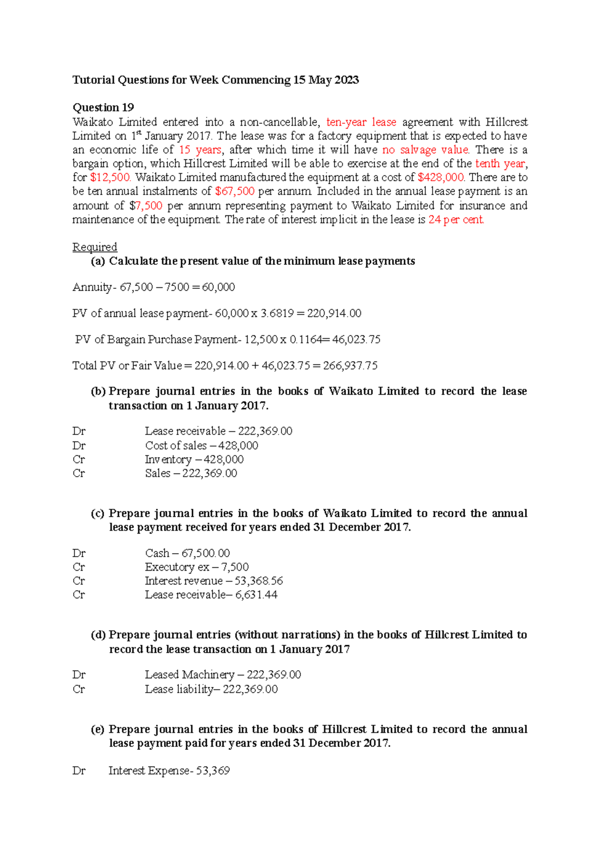 Week 12 Tutorial Acctn - Tutorial Questions for Week Commencing 15 May ...