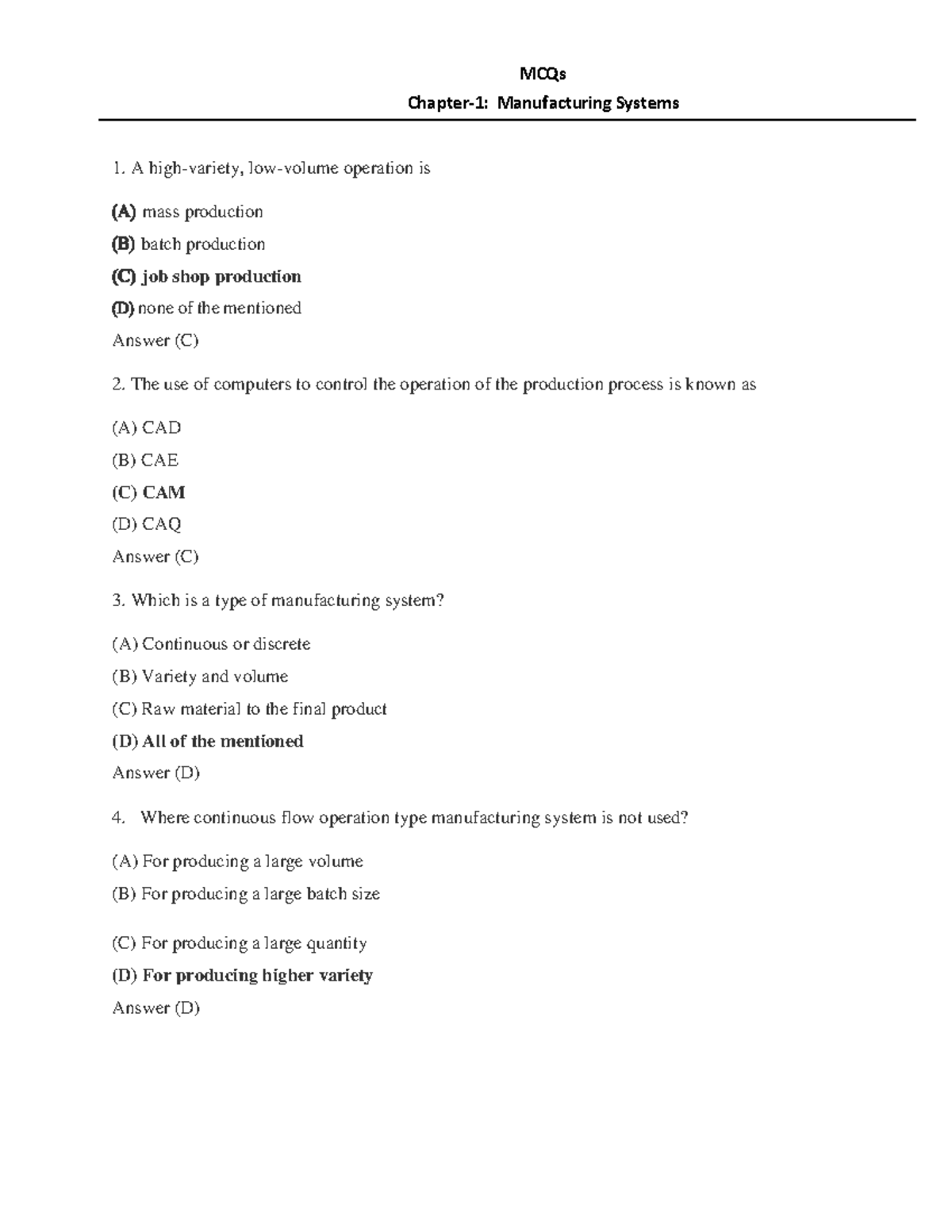 Chapter -01. Manufacturing systems automation MCQs - Chapter-1 ...