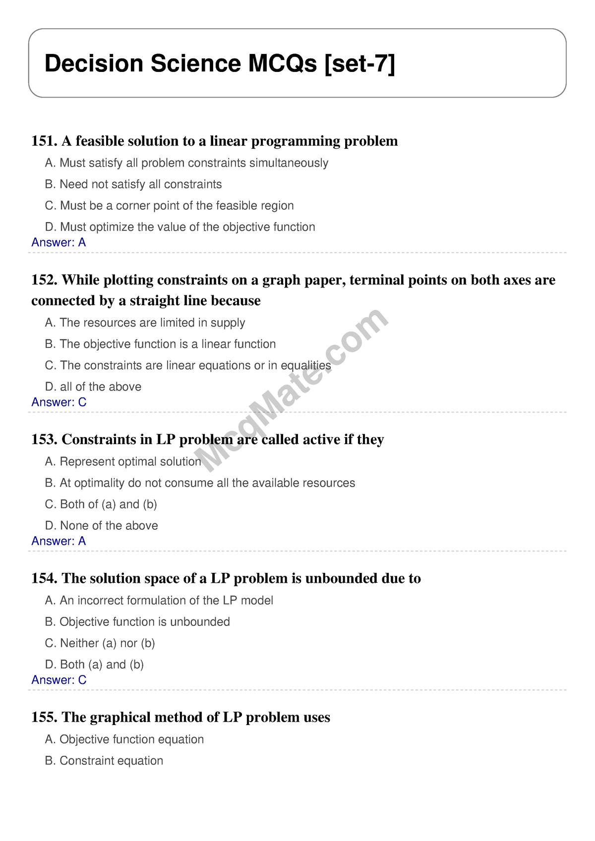 Decision-science-set-7 Mcqmate - McqMate Decision Science MCQs [set-7 ...