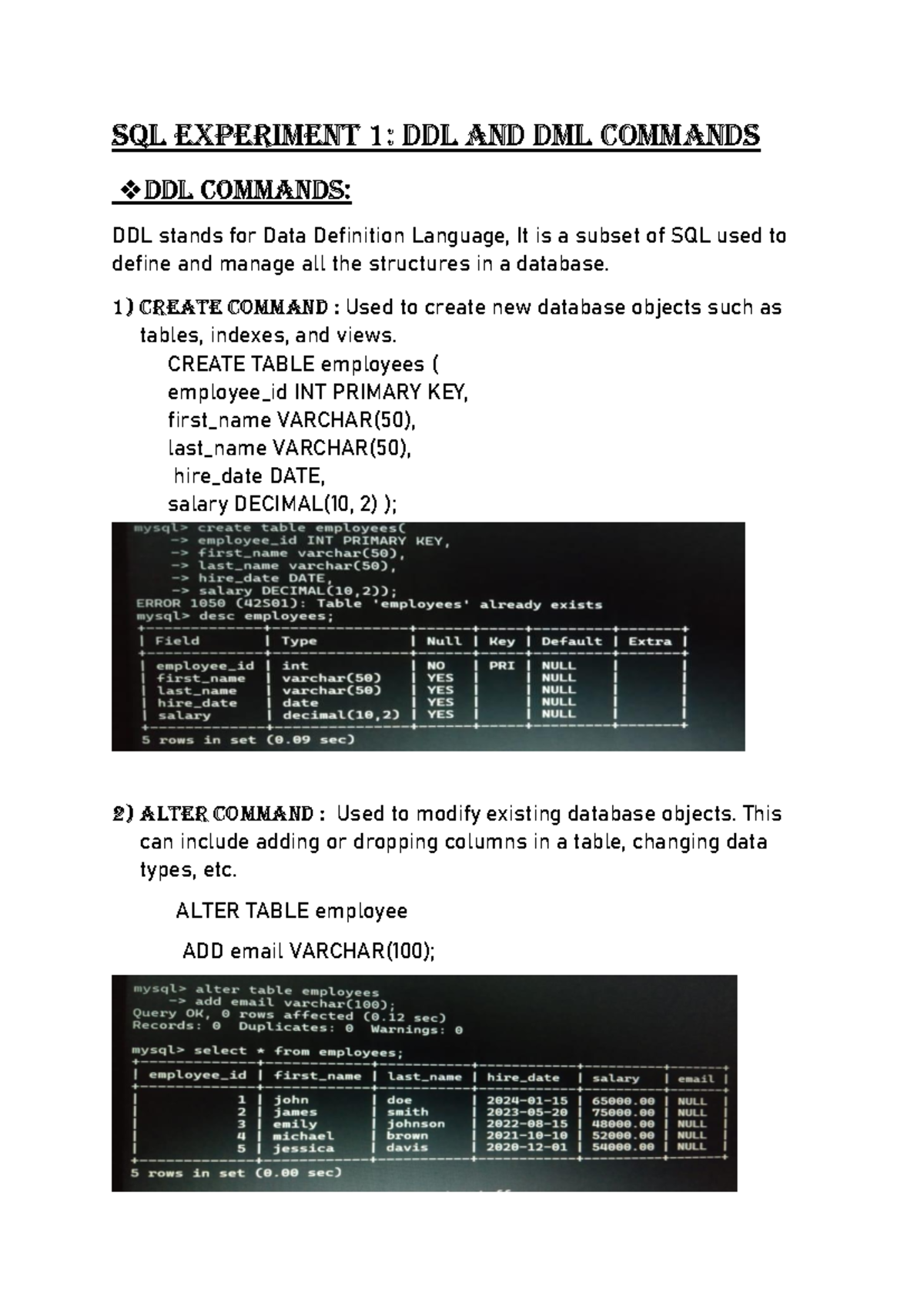 SQL Experiment 1 - It is assignment - SQL ExpErimEnt 1: DDL AnD DmL ...