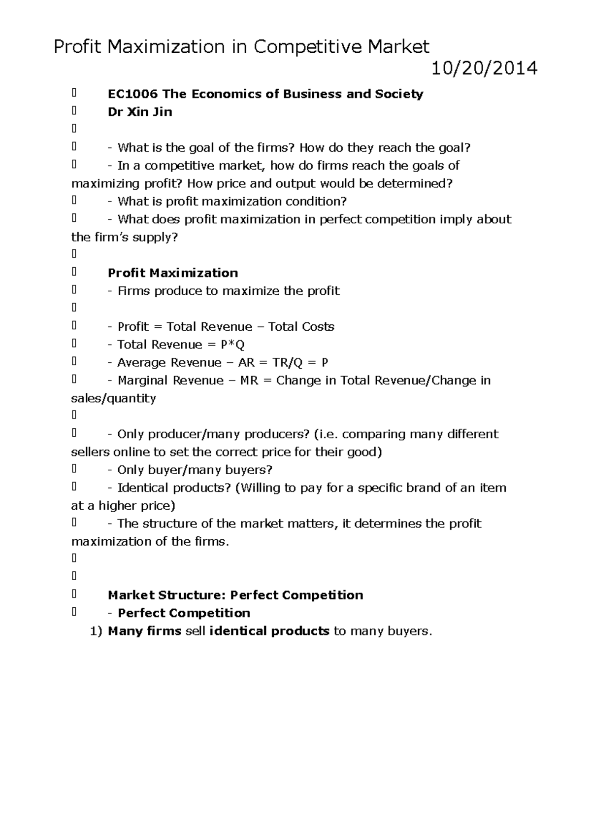Profit Maximization in Competitive Market #1 - Profit Maximization in ...